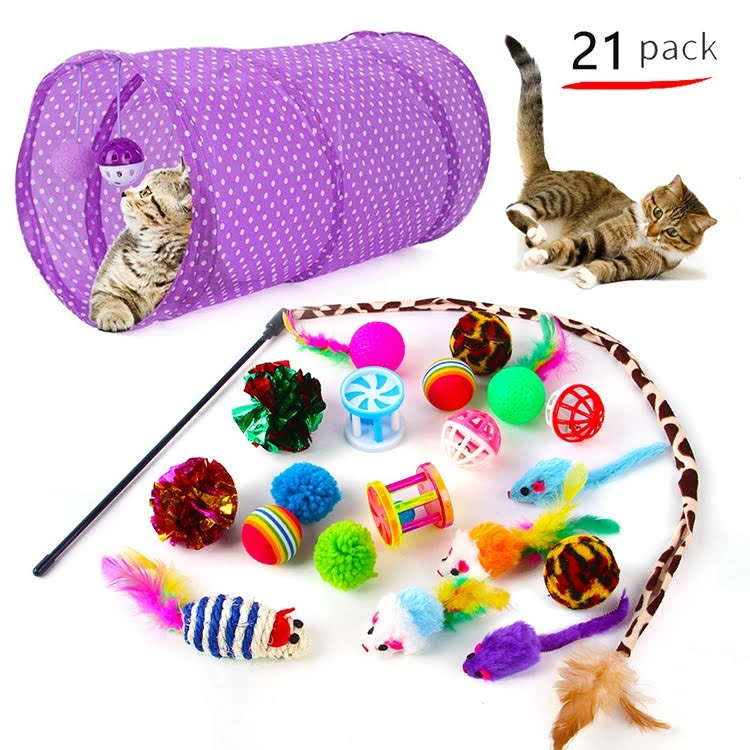 A colorful assortment of 21 assorted cat toys including balls, feathers, and interactive play items, designed for cat entertainment and exercise.