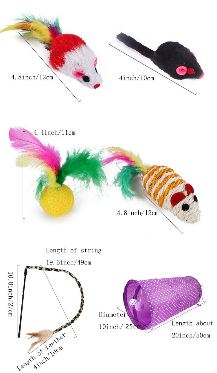 A colorful assortment of 21 assorted cat toys including balls, feathers, and interactive play items, designed for cat entertainment and exercise.