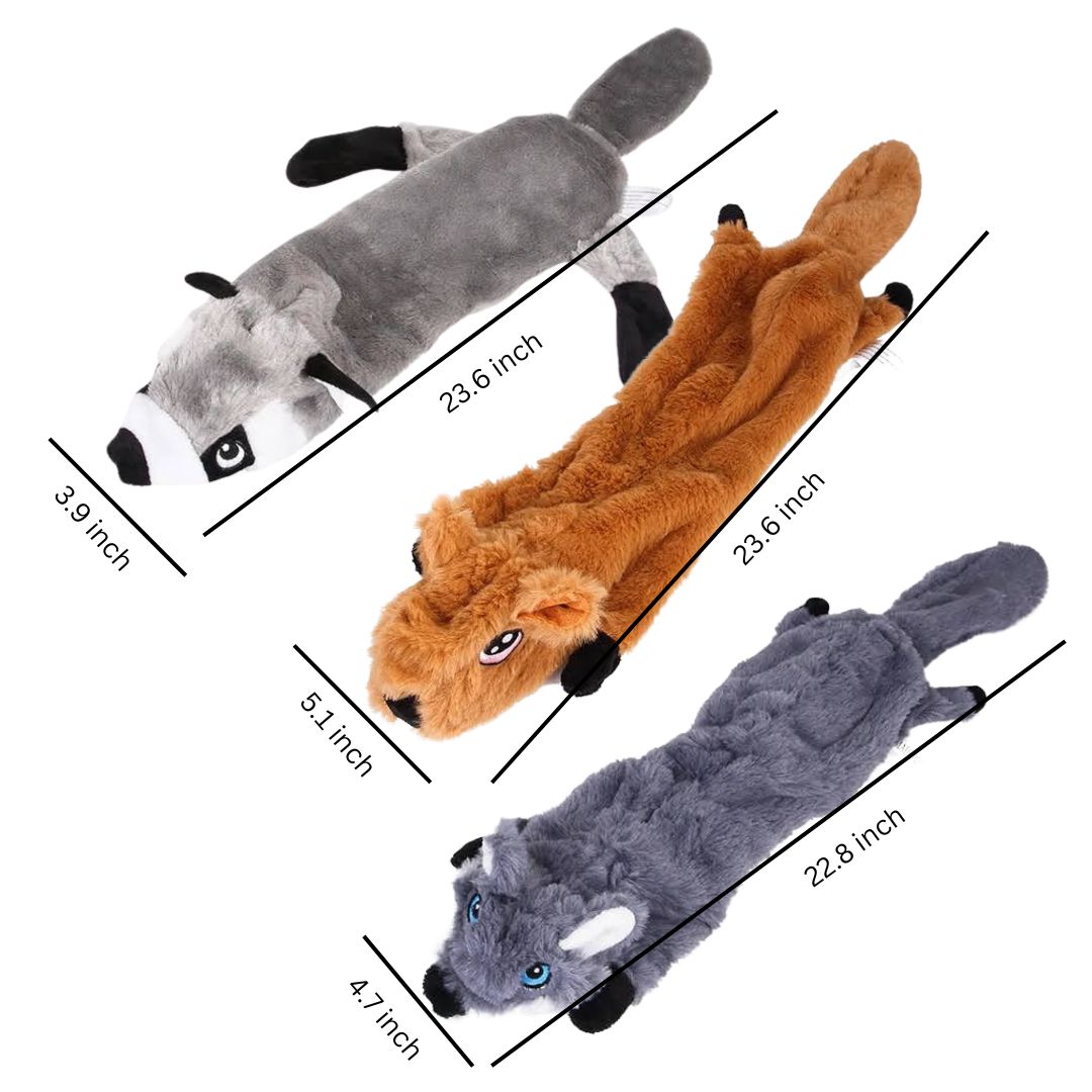 Three assorted dog toys without stuffing, designed for safe play and durable fun, perfect for all dog sizes.