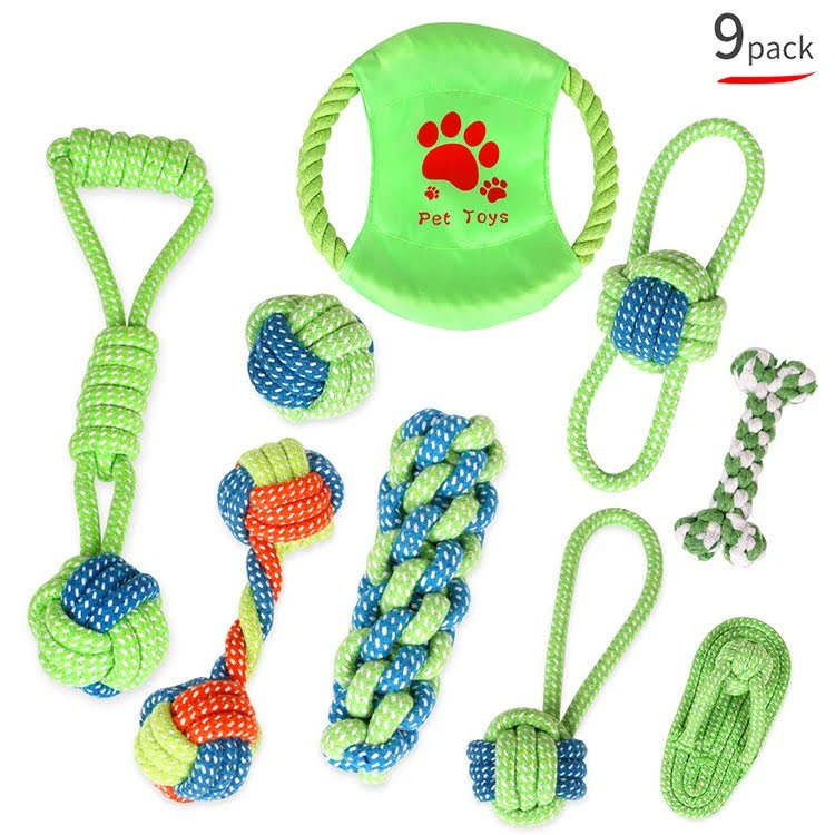 A colorful assortment of 9 braided cotton rope chew toys for dogs, showcasing various shapes and sizes, perfect for chewing and interactive play.