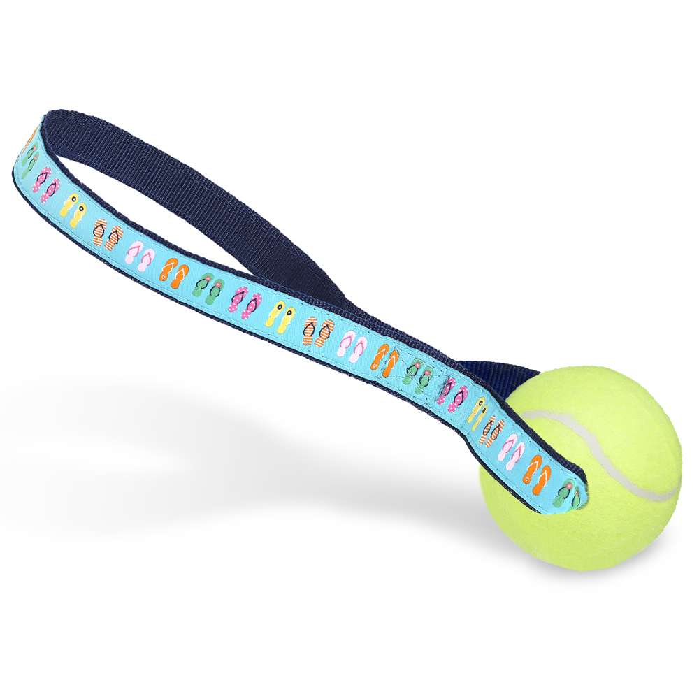 A colorful Tennis Ball Toss Toy featuring a nylon loop handle and a durable Tuff Ball, designed for interactive play with dogs.