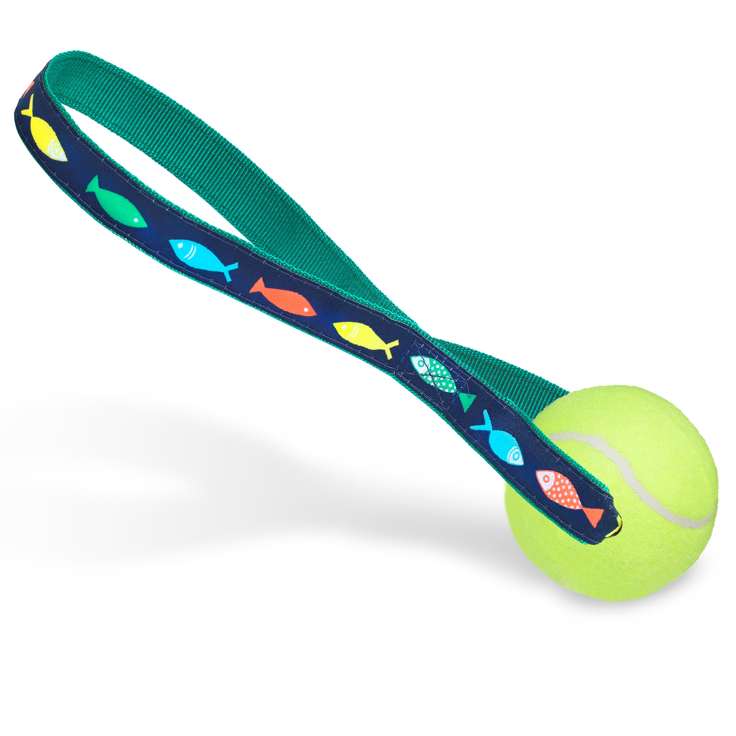 Funky Fish Tennis Ball Toss Toy featuring a bright nylon loop handle and a durable Tuff Ball, perfect for interactive play with dogs.