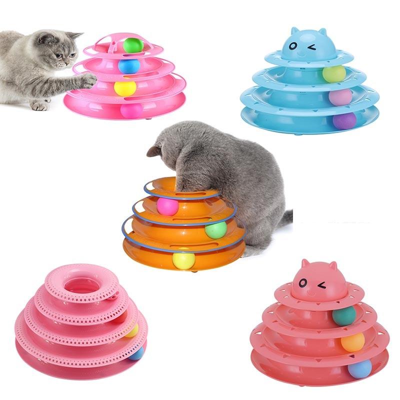 Funny Foldable Multi layers Turntable interactive Cat Toy in pink, blue, and orange, featuring colorful balls in a 4-layer design for engaging cat play.