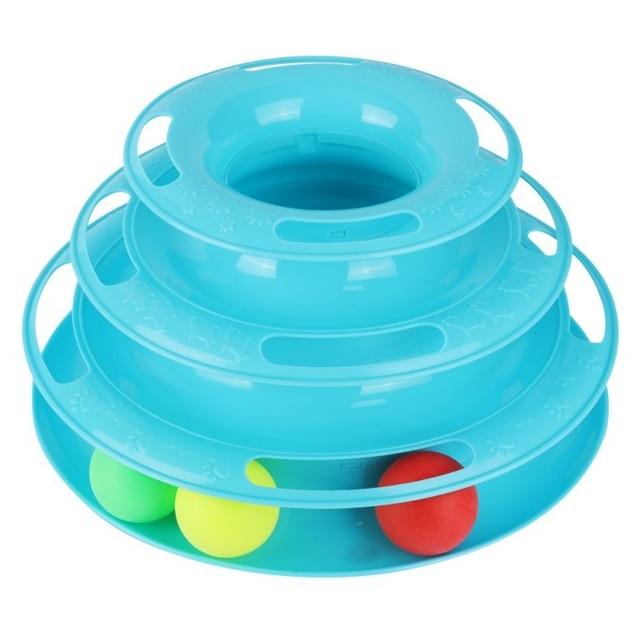 Funny Foldable Multi layers Turntable interactive Cat Toy in pink, blue, and orange, featuring colorful balls in a 4-layer design for engaging cat play.