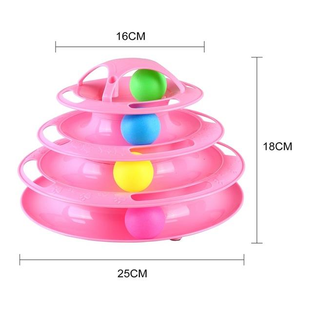 Funny Foldable Multi layers Turntable interactive Cat Toy in pink, blue, and orange, featuring colorful balls in a 4-layer design for engaging cat play.