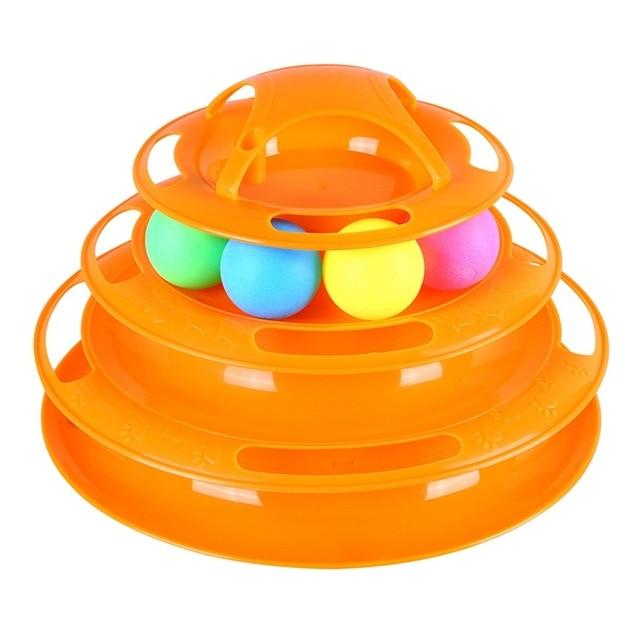 Funny Foldable Multi layers Turntable interactive Cat Toy in pink, blue, and orange, featuring colorful balls in a 4-layer design for engaging cat play.