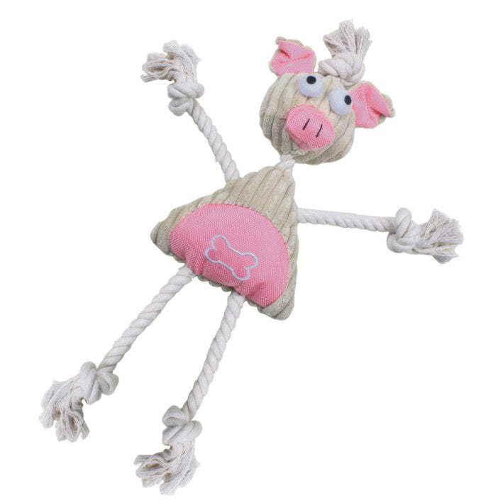 Eco-friendly jute and rope plush pig dog toy with squeakers, designed for durability and oral hygiene.