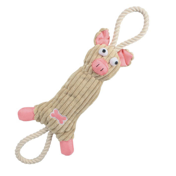 Eco-friendly jute and rope plush pig dog toy with squeakers, designed for durability and dental health.