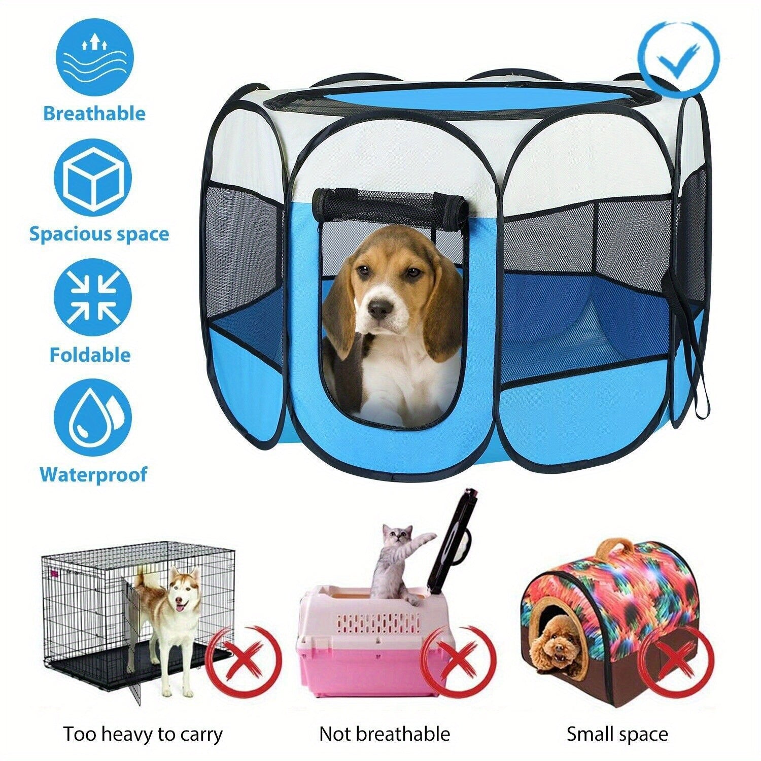 Large Portable Foldable Pet Playpen Kennel House for puppies, kittens, and small pets, featuring breathable mesh and durable Oxford cloth.