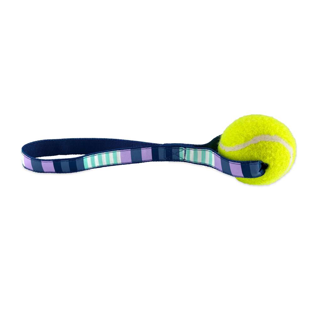 Metro Stripes Tennis Ball Toss Toy featuring a bright nylon loop handle and a durable Tuff Ball, perfect for fetch and tug-of-war.