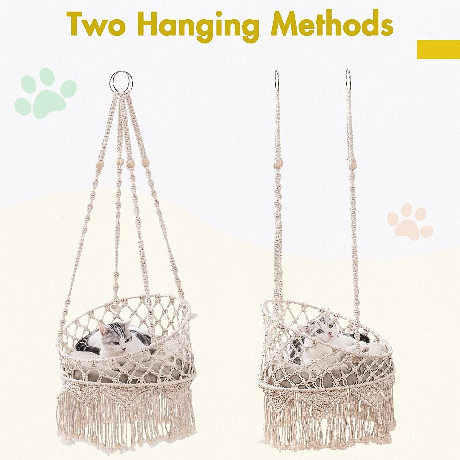 Mewoofun Cat Hammock Bed made of natural cotton, featuring a stylish boho macrame design, suitable for indoor cats.