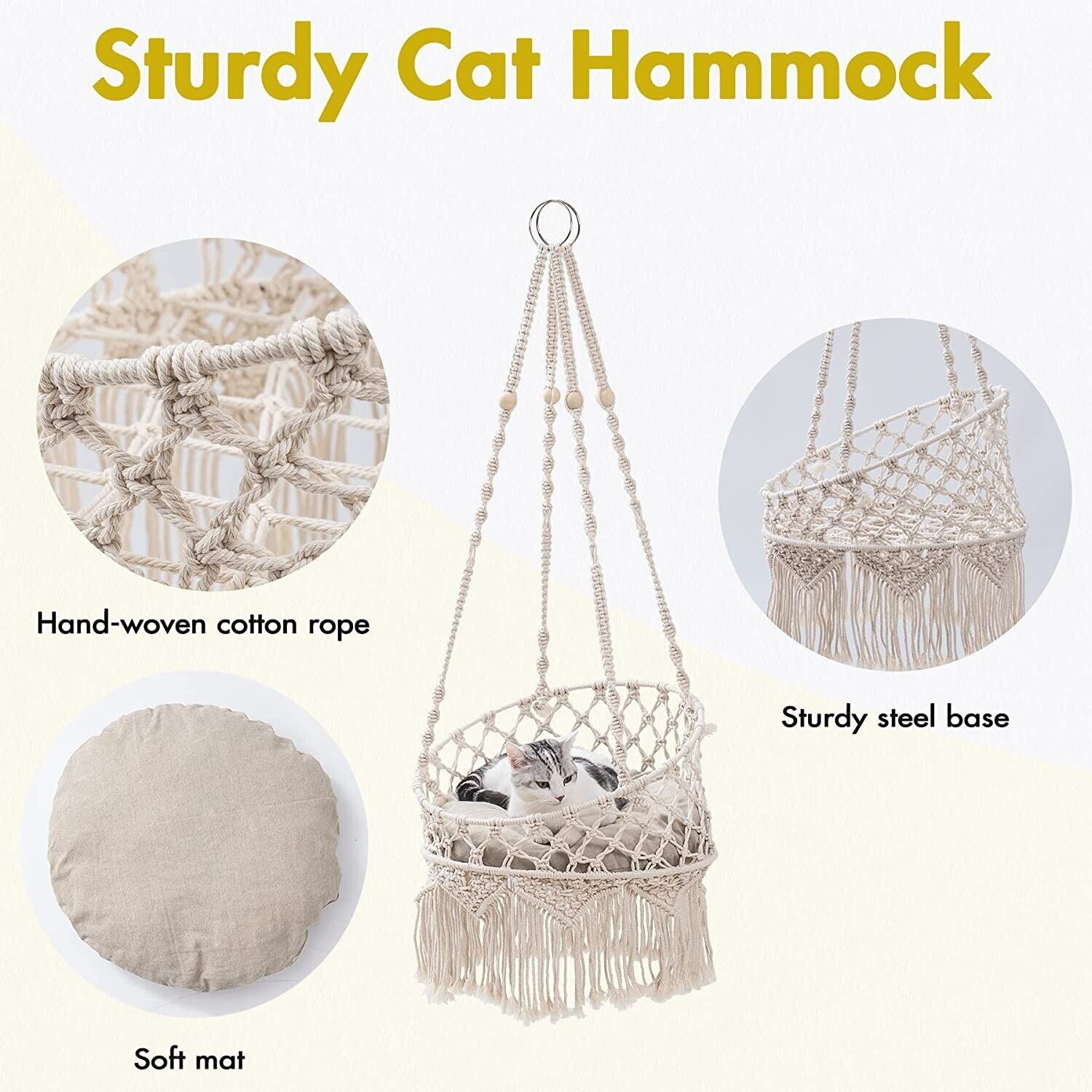 Mewoofun Cat Hammock Bed made of natural cotton, featuring a stylish boho macrame design, suitable for indoor cats.