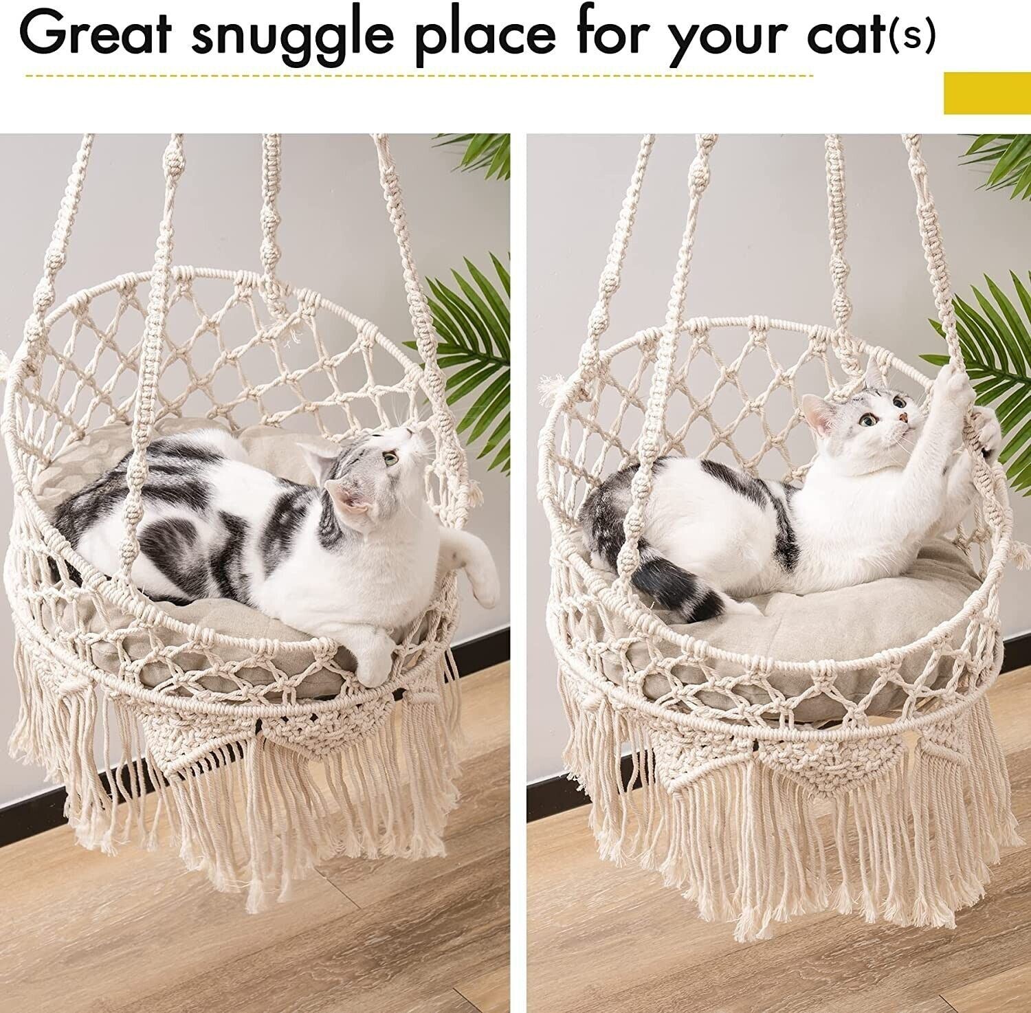 Mewoofun Cat Hammock Bed made of natural cotton, featuring a stylish boho macrame design, suitable for indoor cats.