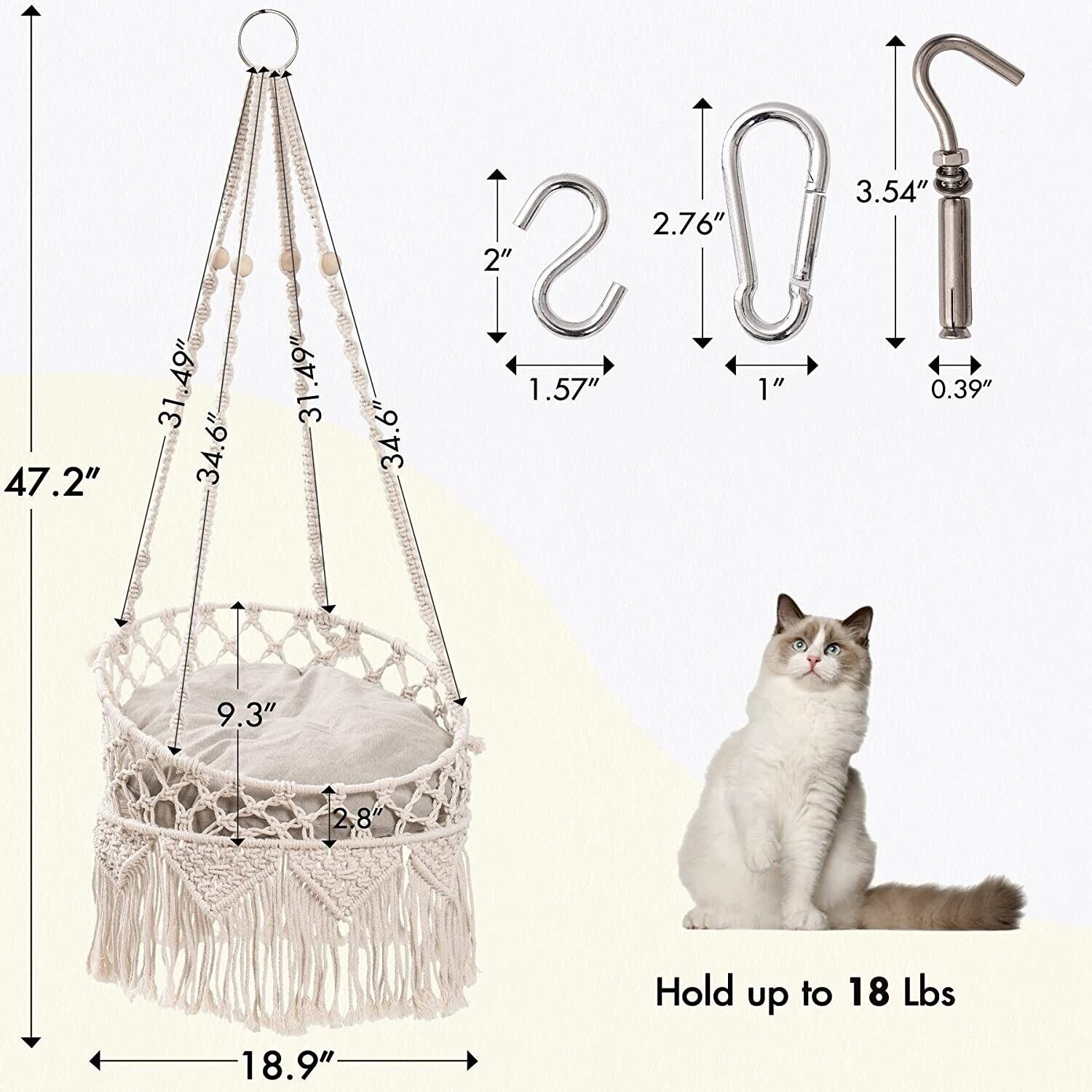 Mewoofun Cat Hammock Bed made of natural cotton, featuring a stylish boho macrame design, suitable for indoor cats.