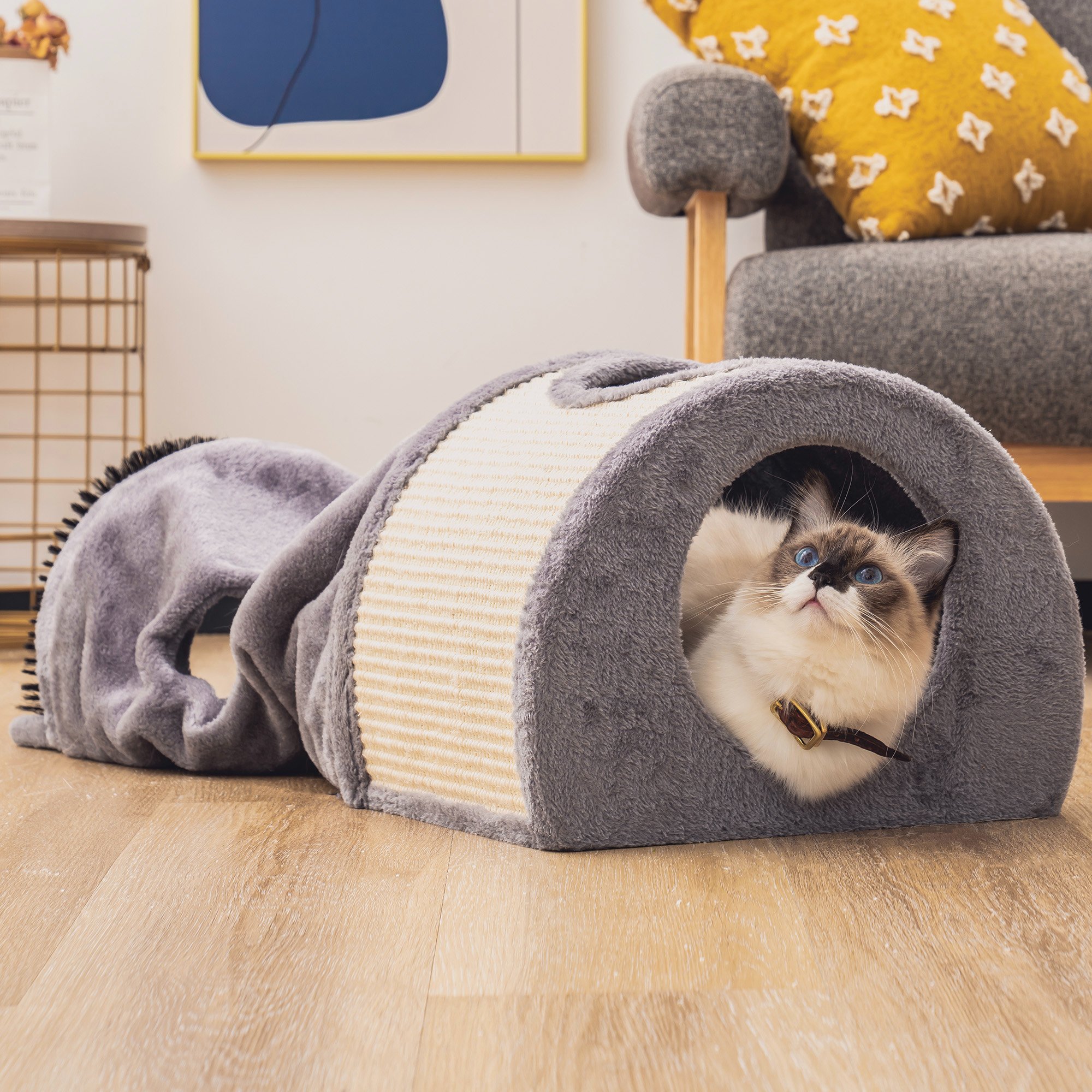 Mewoofun Cat Tunnel Cat Bed Toys in soft flannel fabric, spacious design for multiple pets, featuring dangling toys for interactive play.