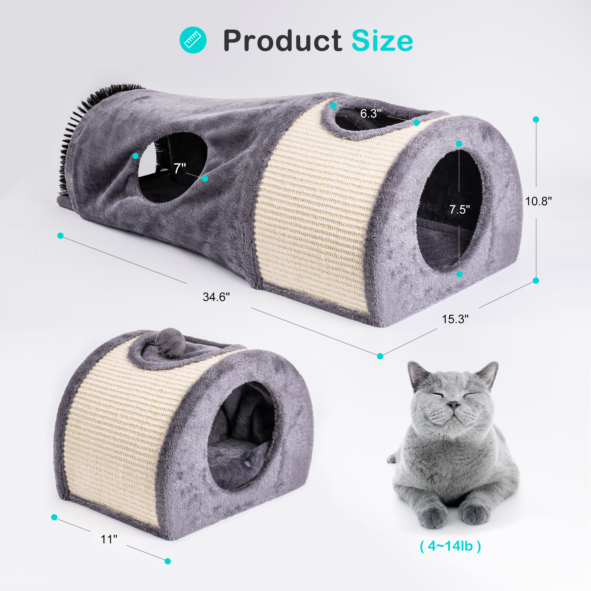 Mewoofun Cat Tunnel Cat Bed Toys in soft flannel fabric, spacious design for multiple pets, featuring dangling toys for interactive play.