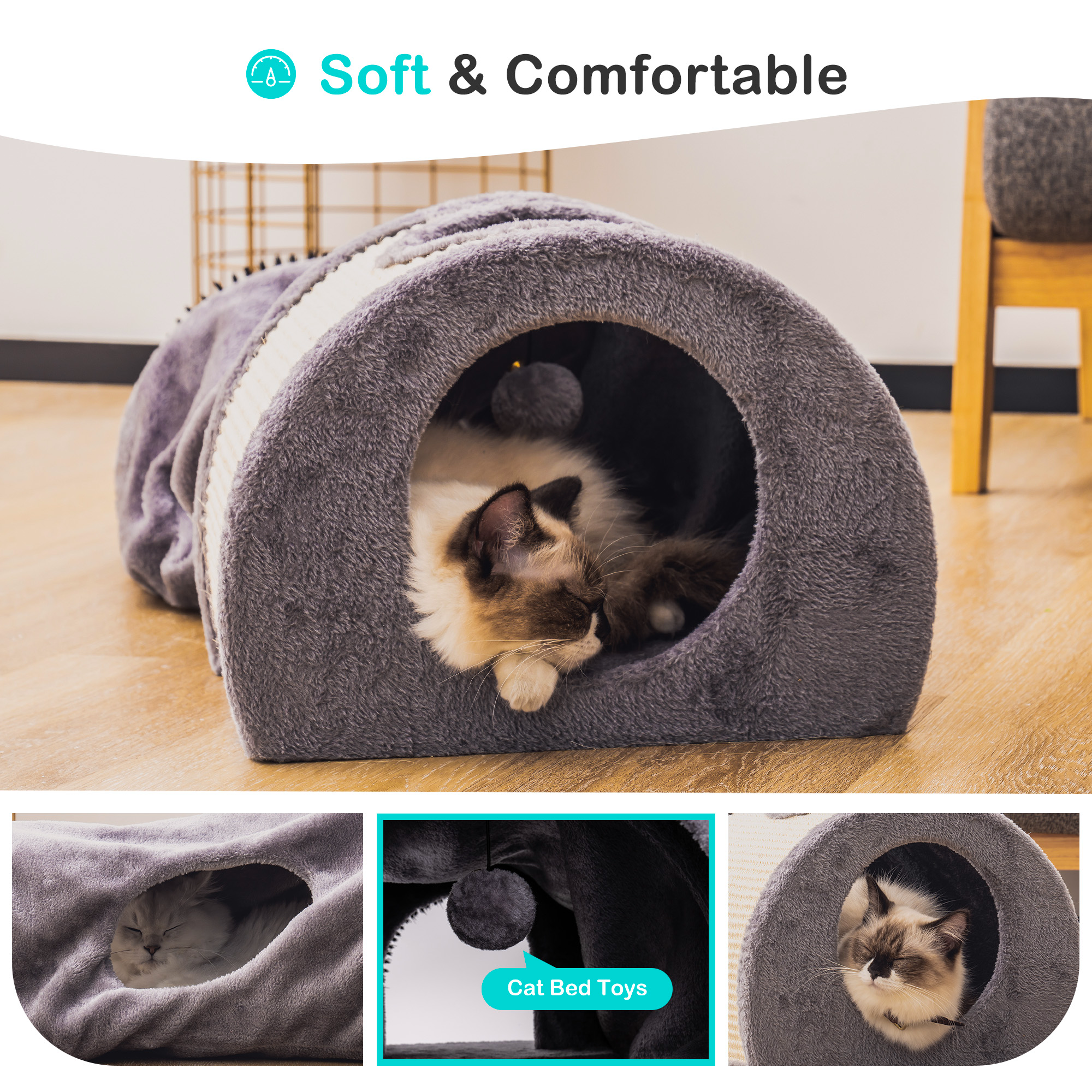 Mewoofun Cat Tunnel Cat Bed Toys in soft flannel fabric, spacious design for multiple pets, featuring dangling toys for interactive play.