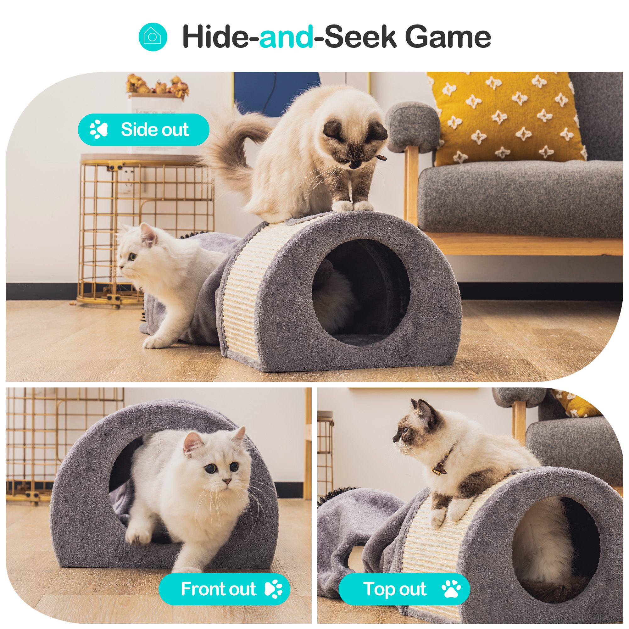 Mewoofun Cat Tunnel Cat Bed Toys in soft flannel fabric, spacious design for multiple pets, featuring dangling toys for interactive play.