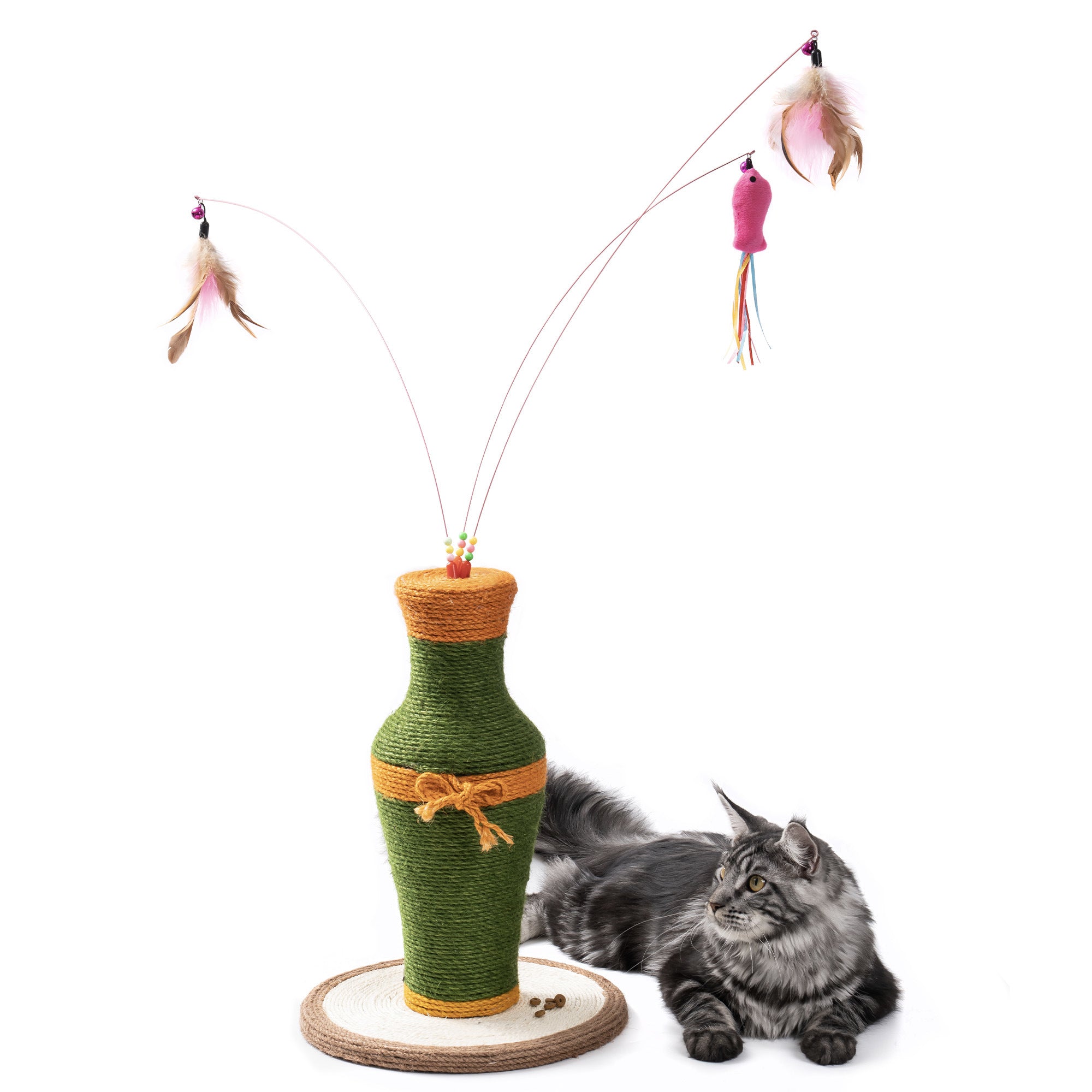 MewooFun Cotton and Linen Vase-Shaped Cat Toy featuring a durable sisal scratching post and three interactive fishing rod toys.