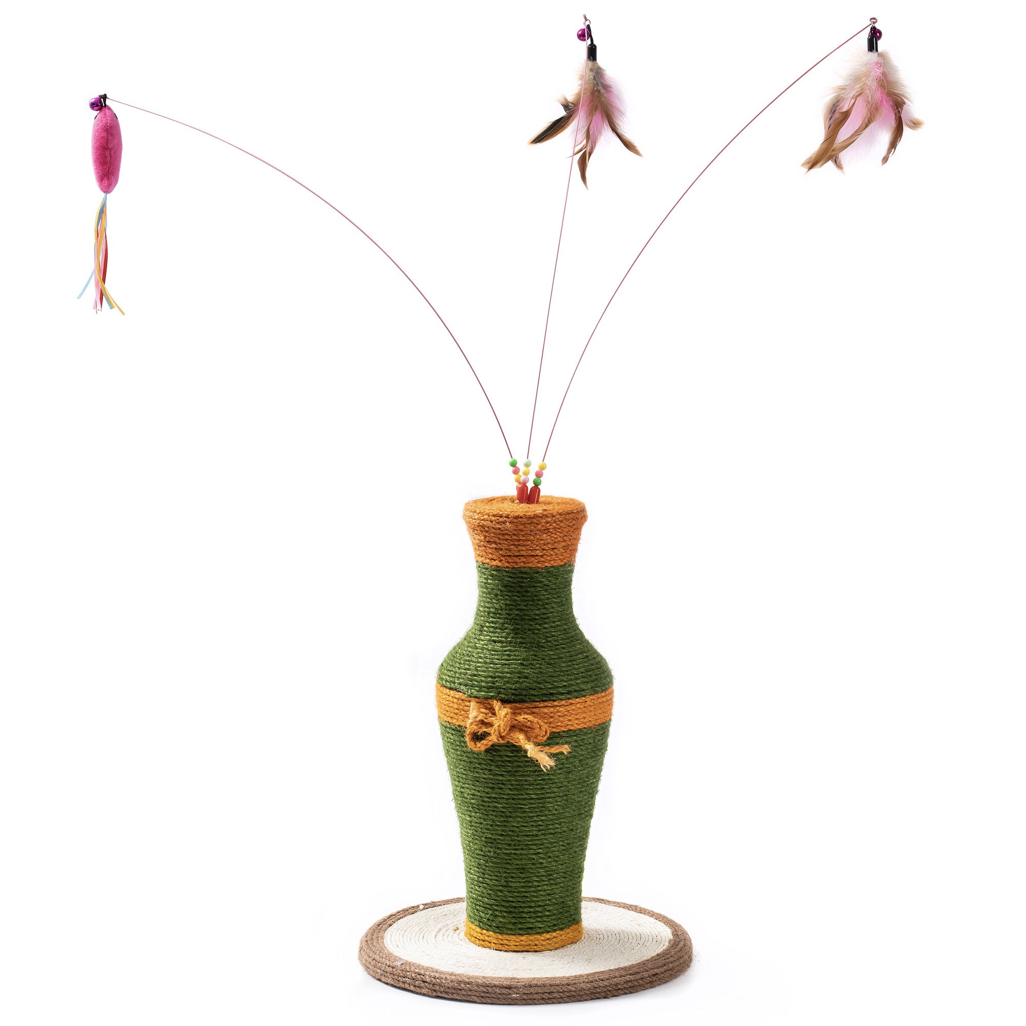 MewooFun Cotton and Linen Vase-Shaped Cat Toy featuring a durable sisal scratching post and three interactive fishing rod toys.