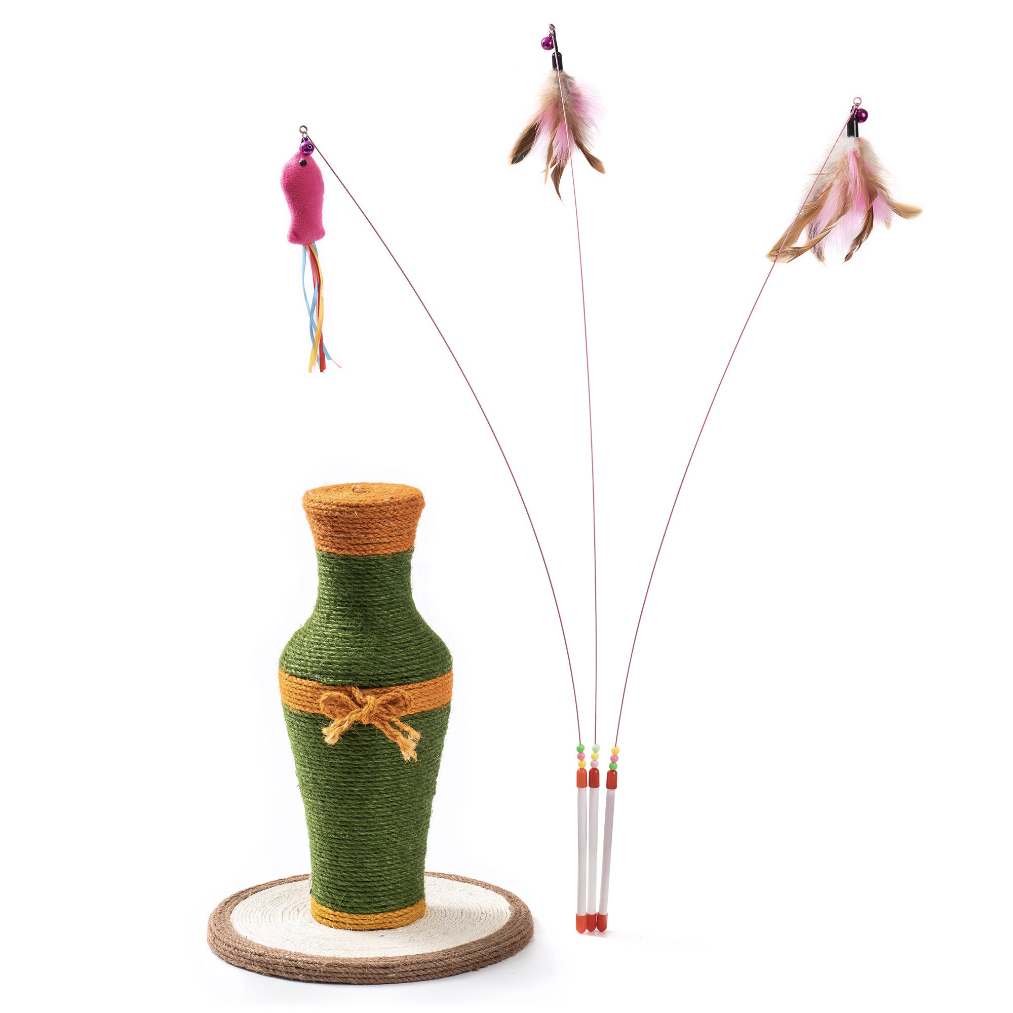 MewooFun Cotton and Linen Vase-Shaped Cat Toy featuring a durable sisal scratching post and three interactive fishing rod toys.