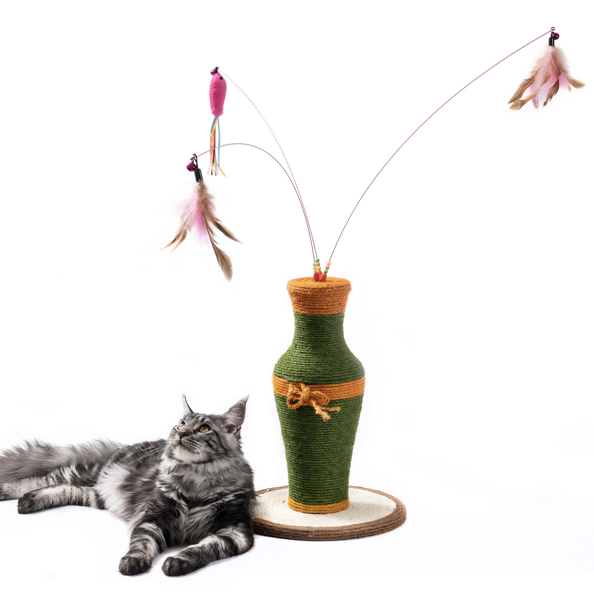 MewooFun Cotton and Linen Vase-Shaped Cat Toy featuring a durable sisal scratching post and three interactive fishing rod toys.