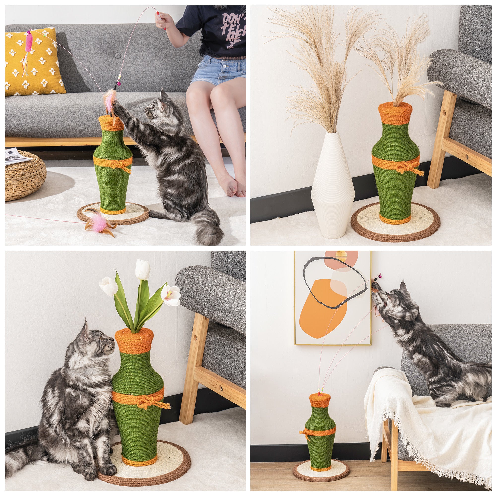 MewooFun Cotton and Linen Vase-Shaped Cat Toy featuring a durable sisal scratching post and three interactive fishing rod toys.