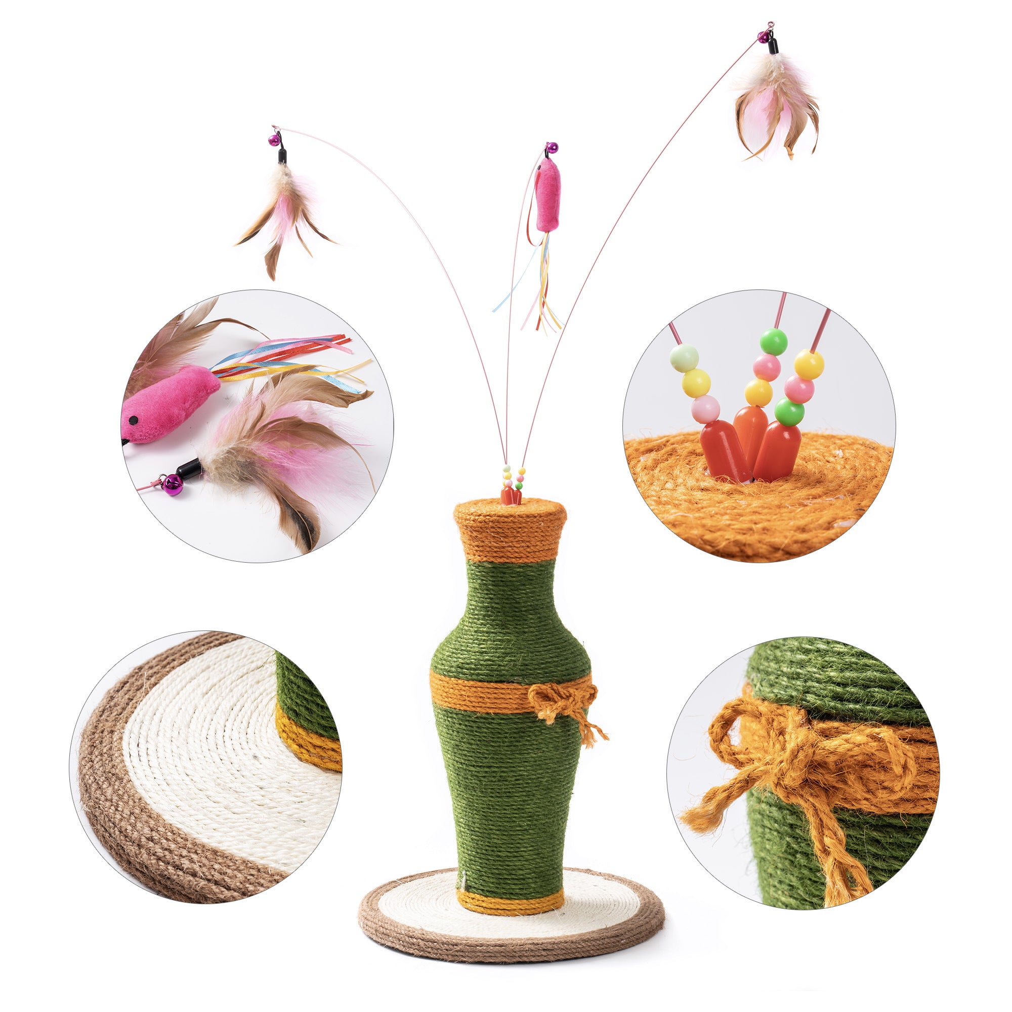 MewooFun Cotton and Linen Vase-Shaped Cat Toy featuring a durable sisal scratching post and three interactive fishing rod toys.