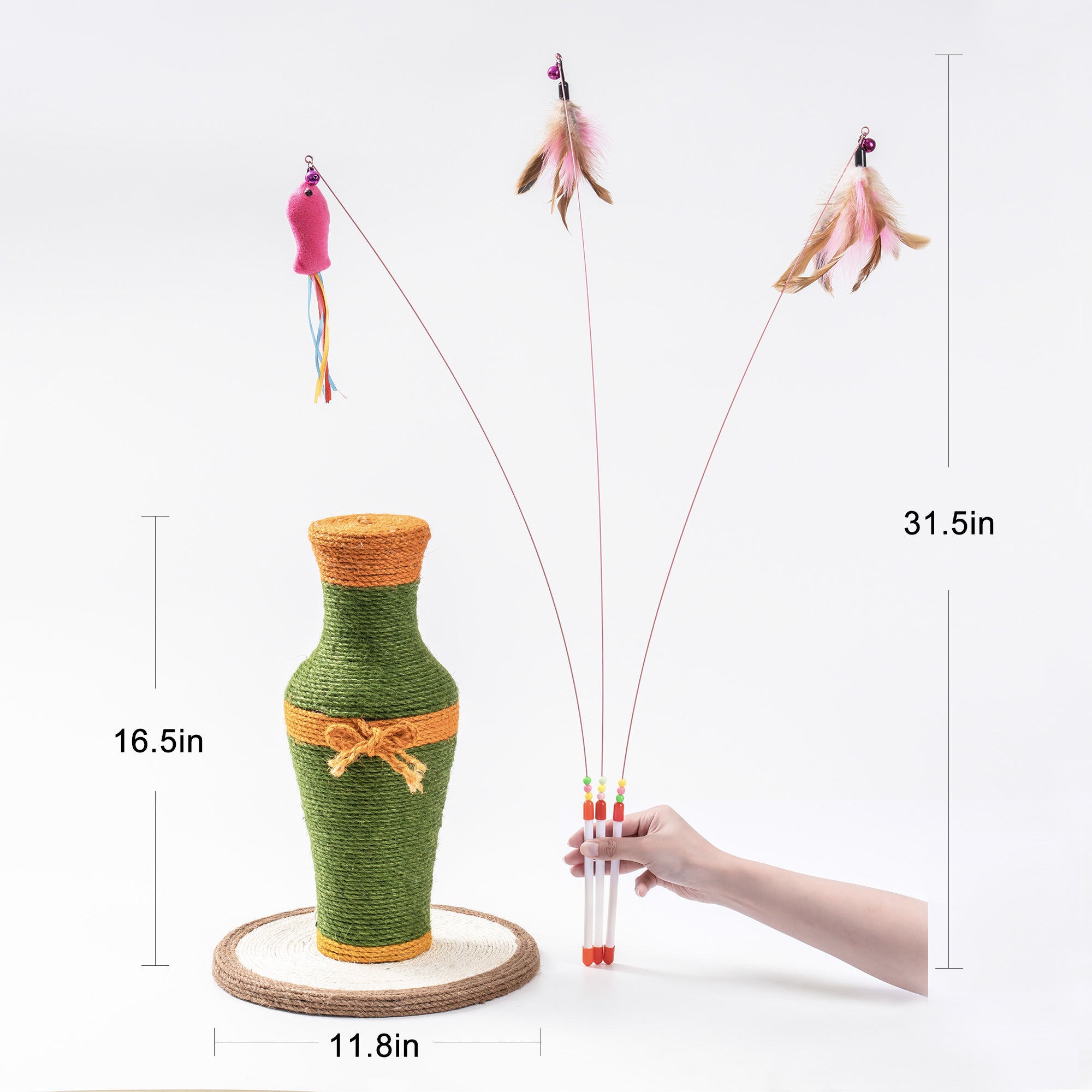 MewooFun Cotton and Linen Vase-Shaped Cat Toy featuring a durable sisal scratching post and three interactive fishing rod toys.