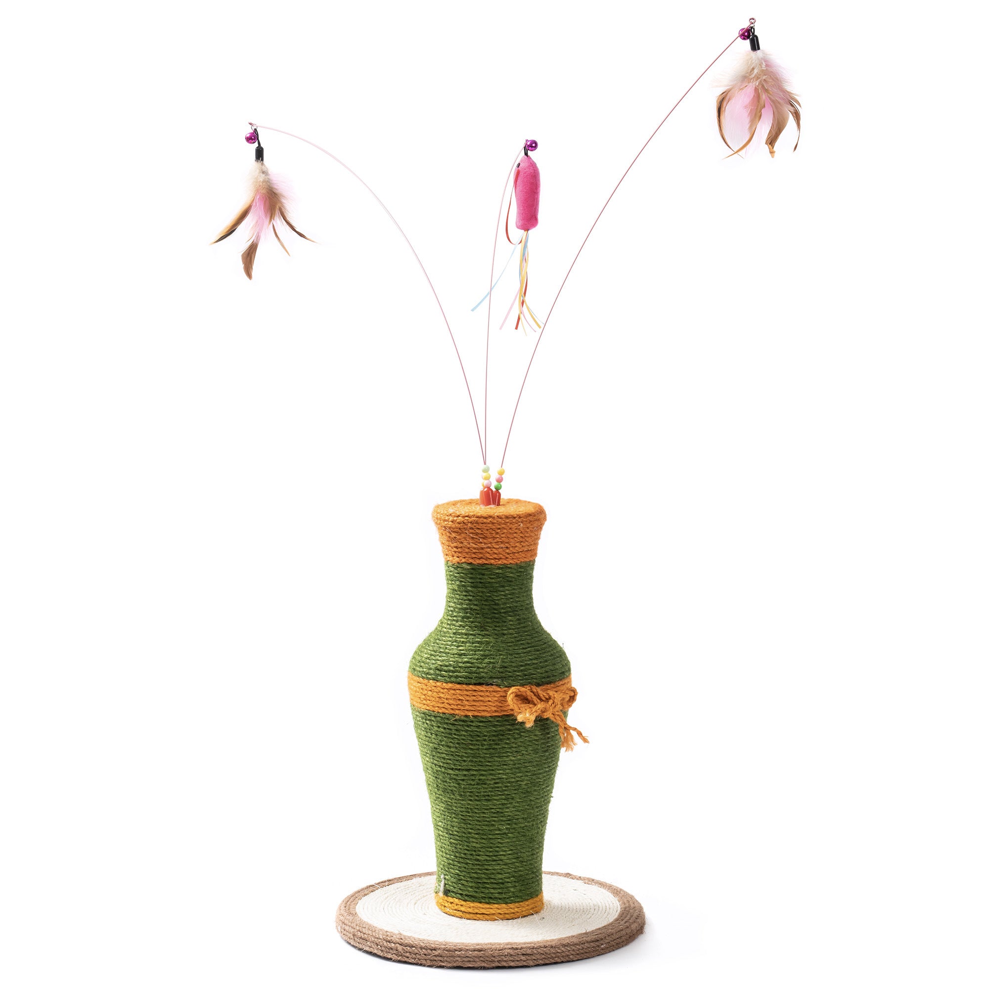 MewooFun Cotton and Linen Vase-Shaped Cat Toy featuring a durable sisal scratching post and three interactive fishing rod toys.