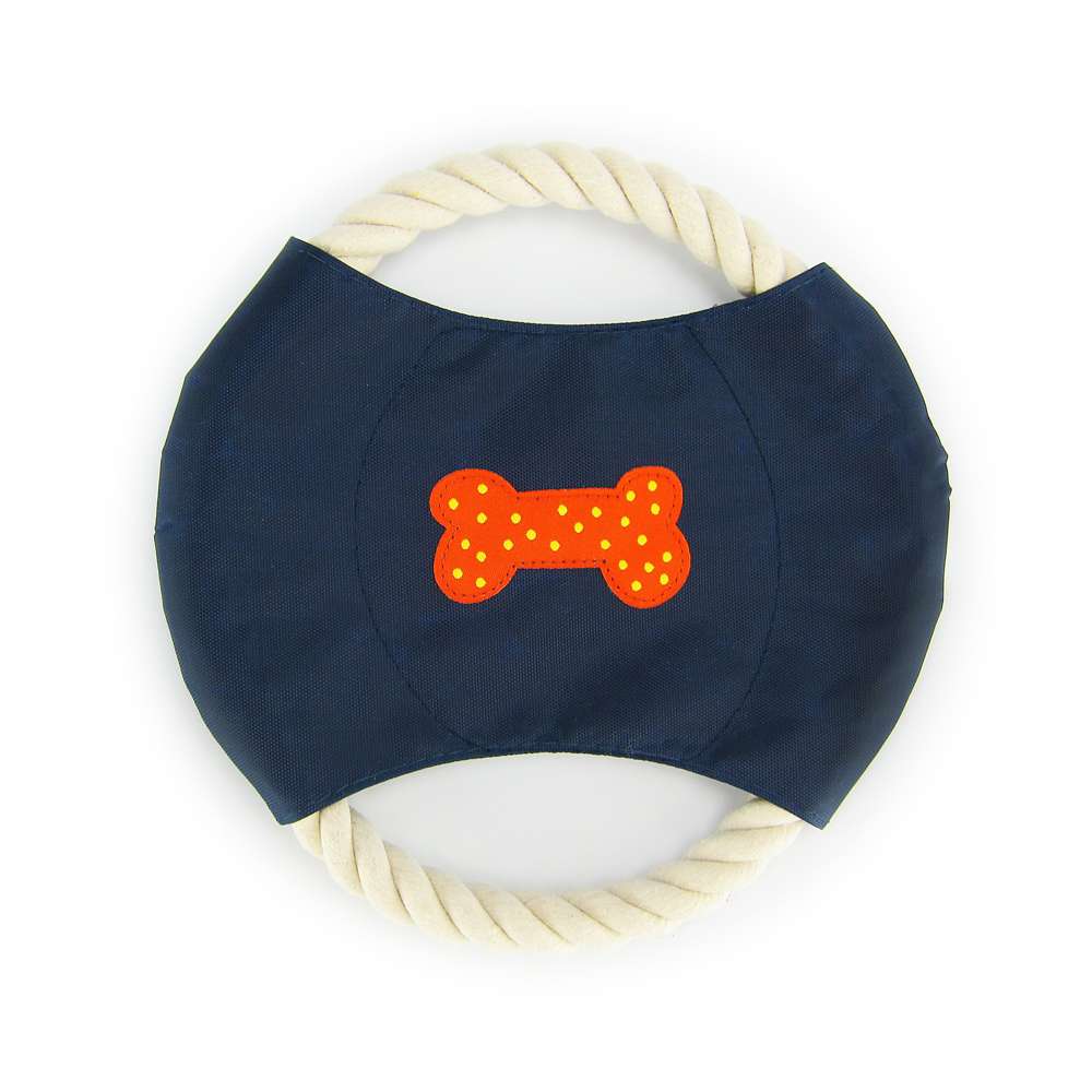 Party Bones Dog Rope Disc Toy featuring a durable nylon center and unique woven patch design, perfect for fetch and tug-of-war games.