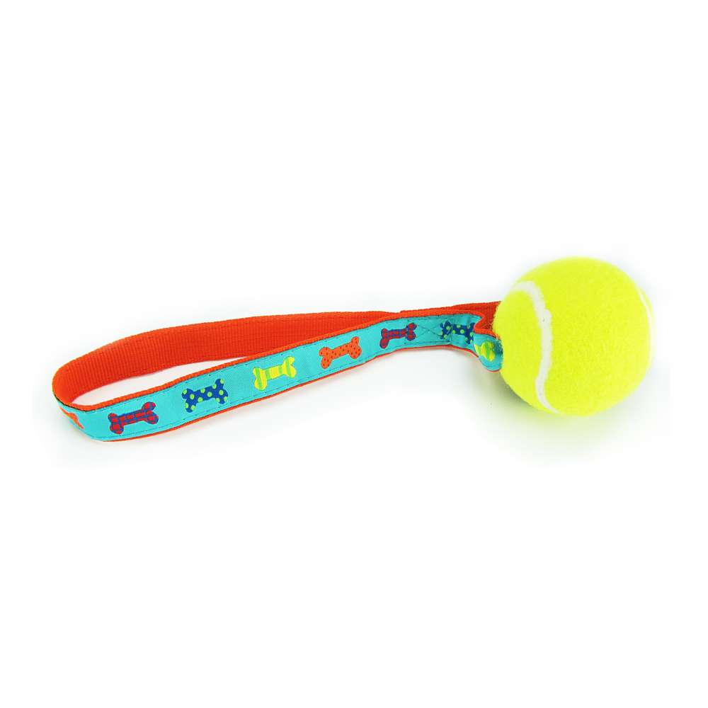 Party Bones Tennis Ball Toss Toy featuring a durable nylon loop handle and a Tuff Ball, designed for safe fetch and tug-of-war play.