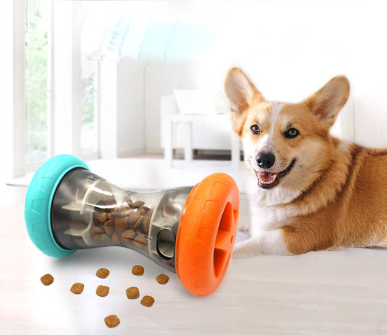 A colorful Pet Food Leakage Toy in blue and orange, designed for dogs to engage with while dispensing kibble, promoting healthy eating habits.