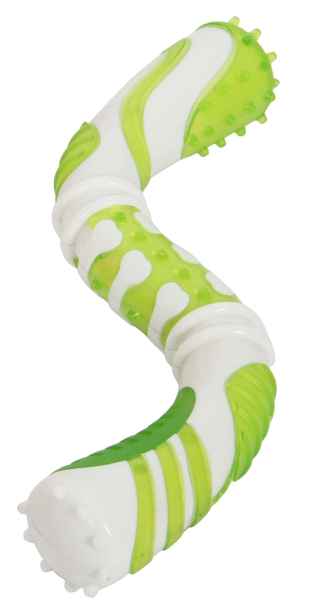 Pet Life 'Denta-Twist' TPR Durable Dental Chew Toy in vibrant colors, featuring a unique S shape and textured surface for dental cleaning.