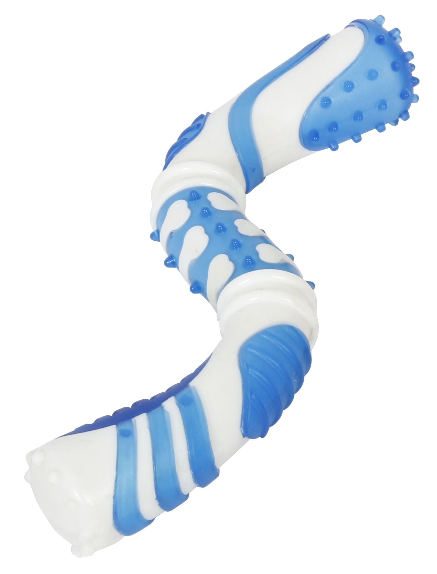 Pet Life 'Denta-Twist' TPR Durable Dental Chew Toy in vibrant colors, featuring a unique S shape and textured surface for dental cleaning.