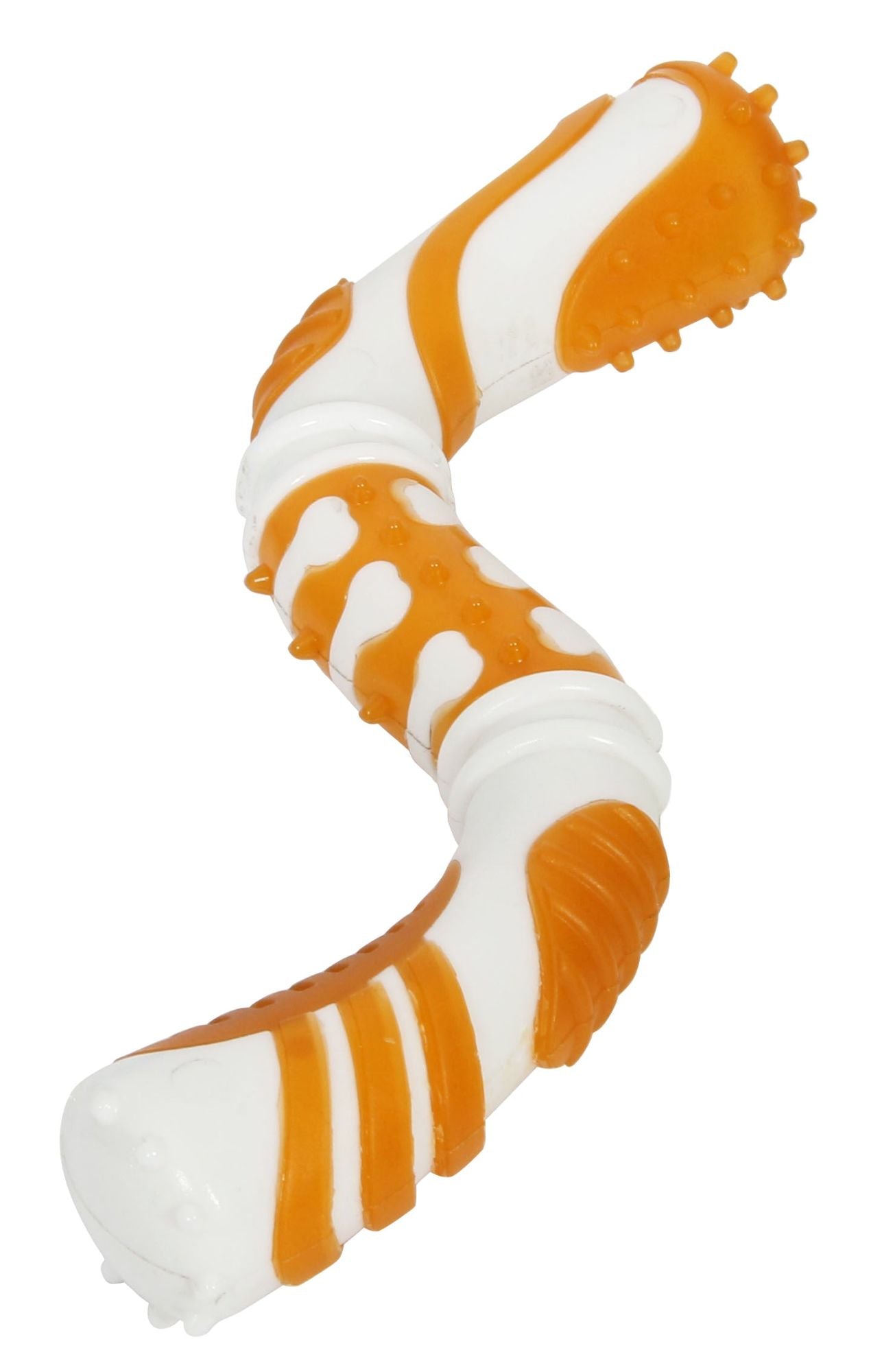 Pet Life 'Denta-Twist' TPR Durable Dental Chew Toy in vibrant colors, featuring a unique S shape and textured surface for dental cleaning.