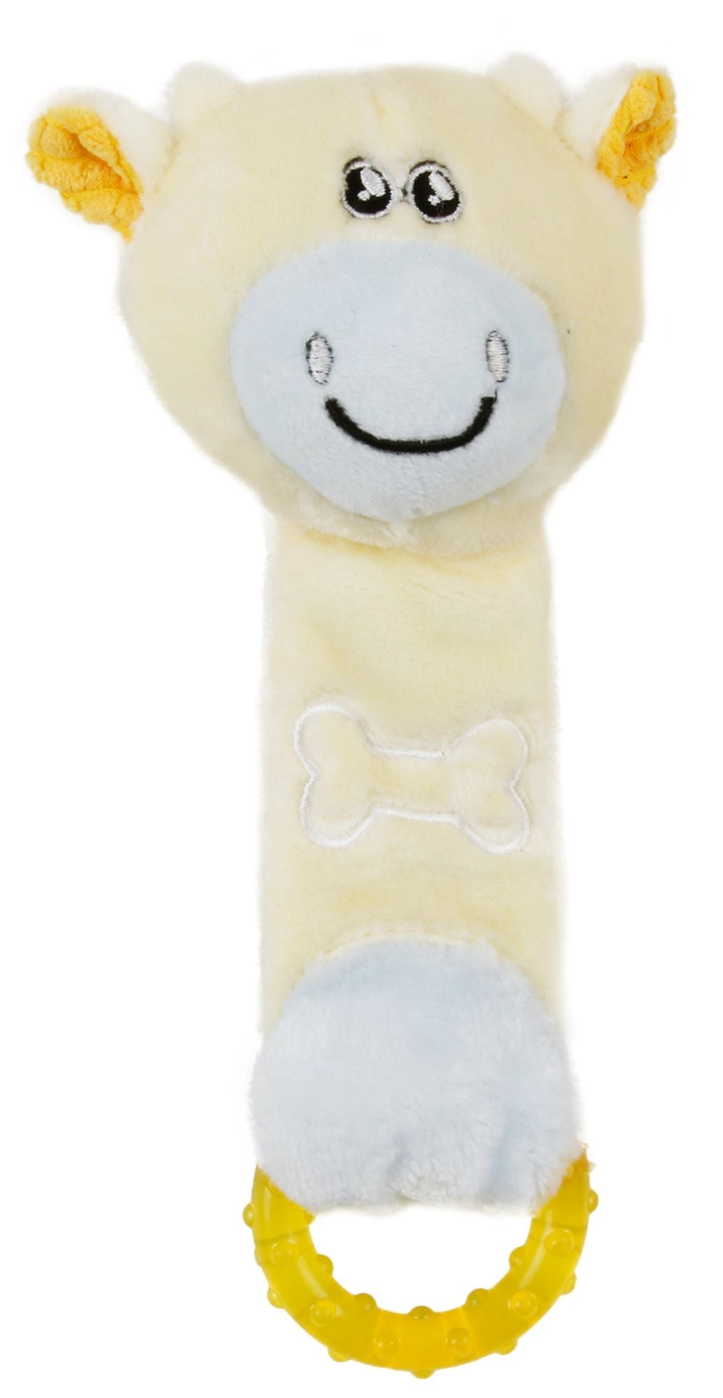 Pet Life Moo-Born Plush Squeaky Toy with rubber teething ring, designed for newborn puppies and kittens, featuring a soft cotton exterior.