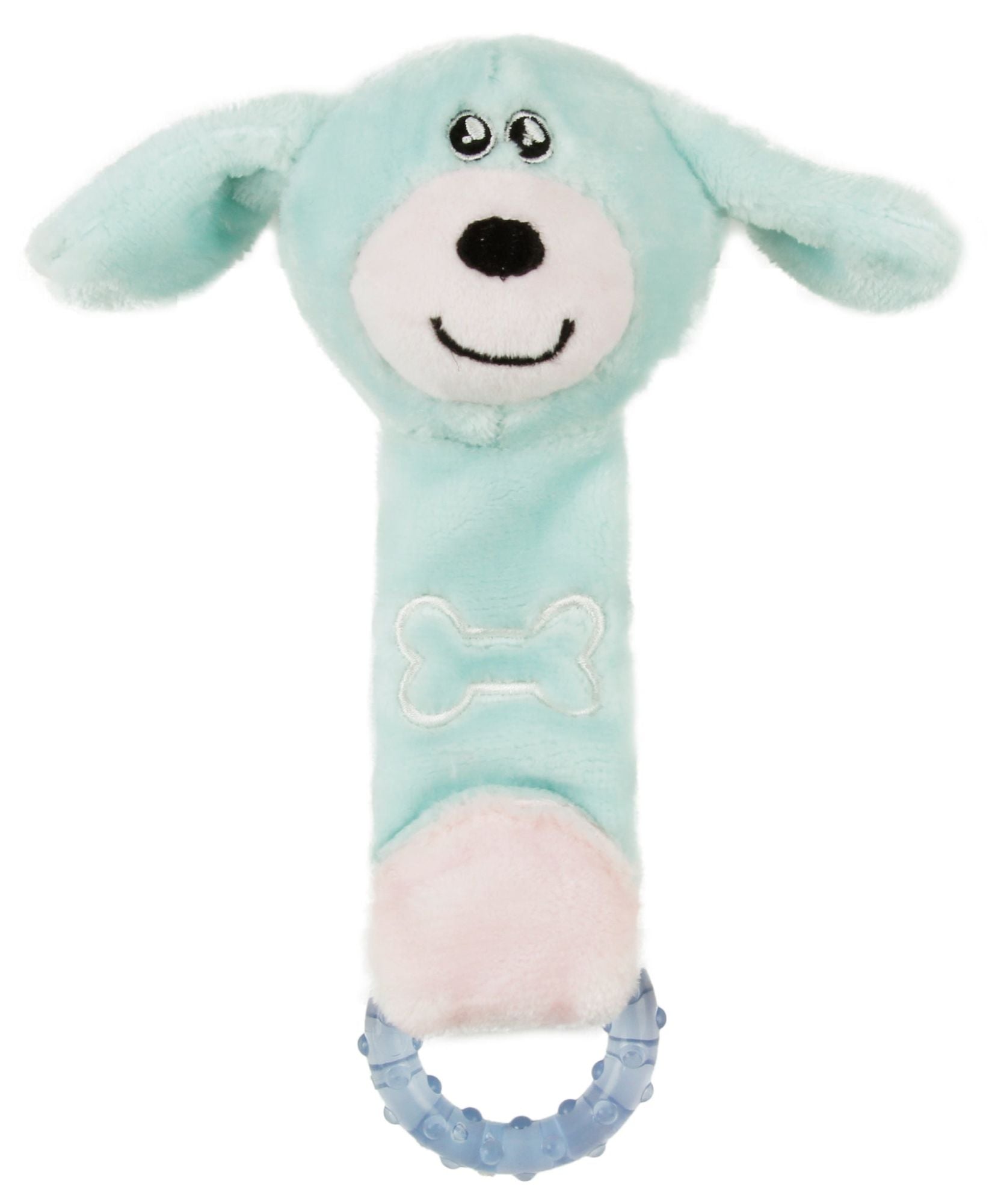 Pet Life Moo-Born Plush Squeaky Toy with rubber teething ring, designed for newborn puppies and kittens, featuring a soft cotton exterior.