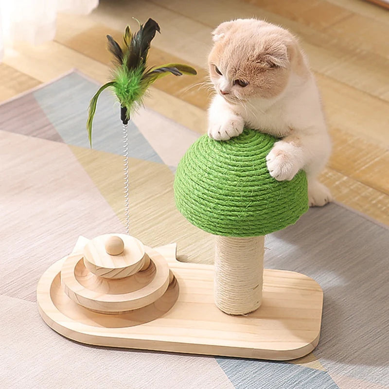 Pet Tree Scratching Post with Toy featuring a sisal post, feather stick, and wooden rolling balls, designed for interactive play and scratching.