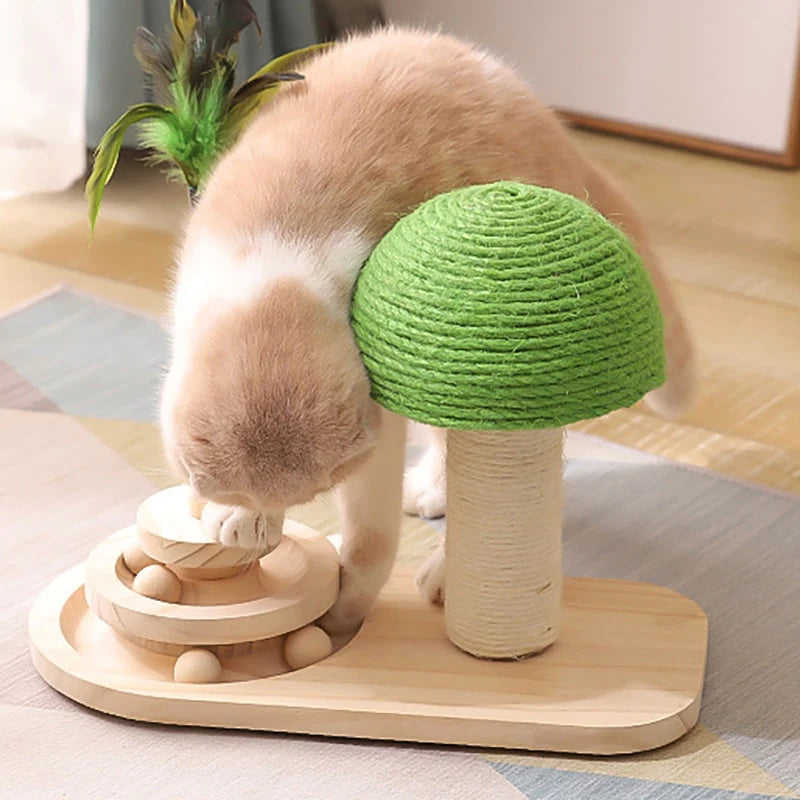 Pet Tree Scratching Post with Toy featuring a sisal post, feather stick, and wooden rolling balls, designed for interactive play and scratching.