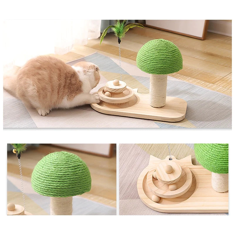 Pet Tree Scratching Post with Toy featuring a sisal post, feather stick, and wooden rolling balls, designed for interactive play and scratching.