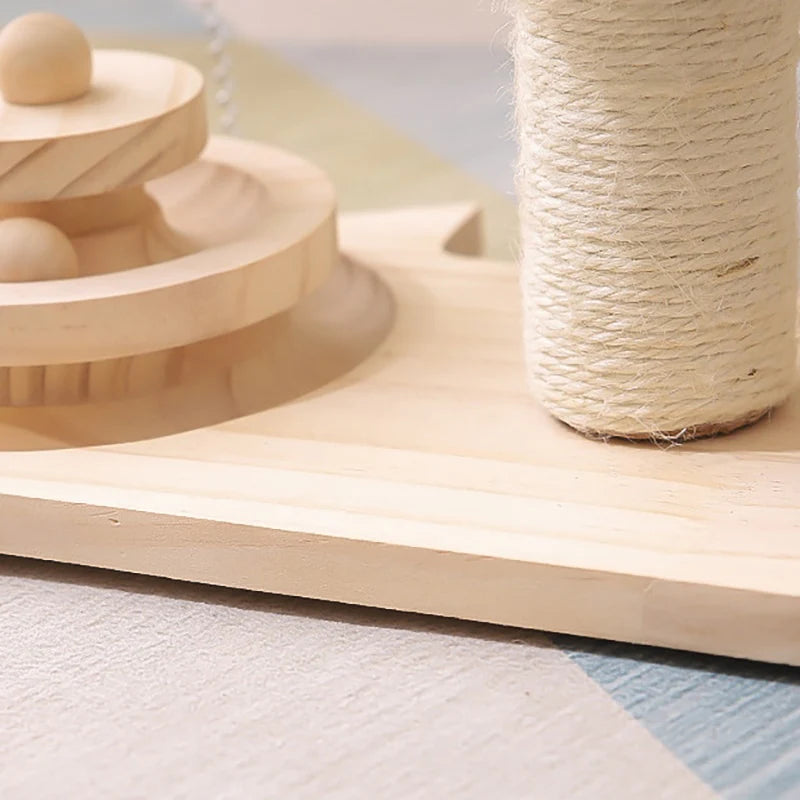 Pet Tree Scratching Post with Toy featuring a sisal post, feather stick, and wooden rolling balls, designed for interactive play and scratching.