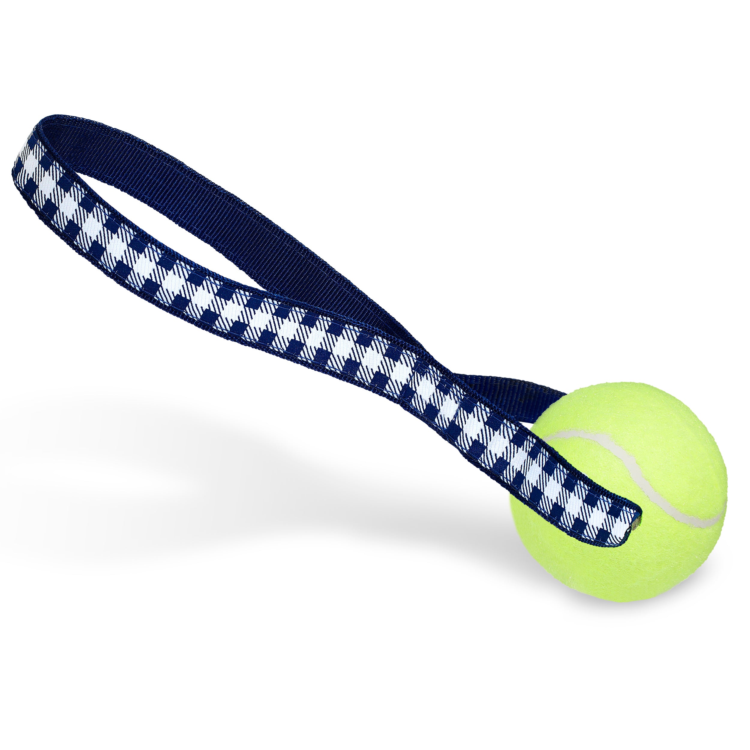 Picnic Plaid (Navy) Tennis Ball Toss Toy featuring a durable nylon loop handle and a non-pressurized Tuff Ball, perfect for interactive play.