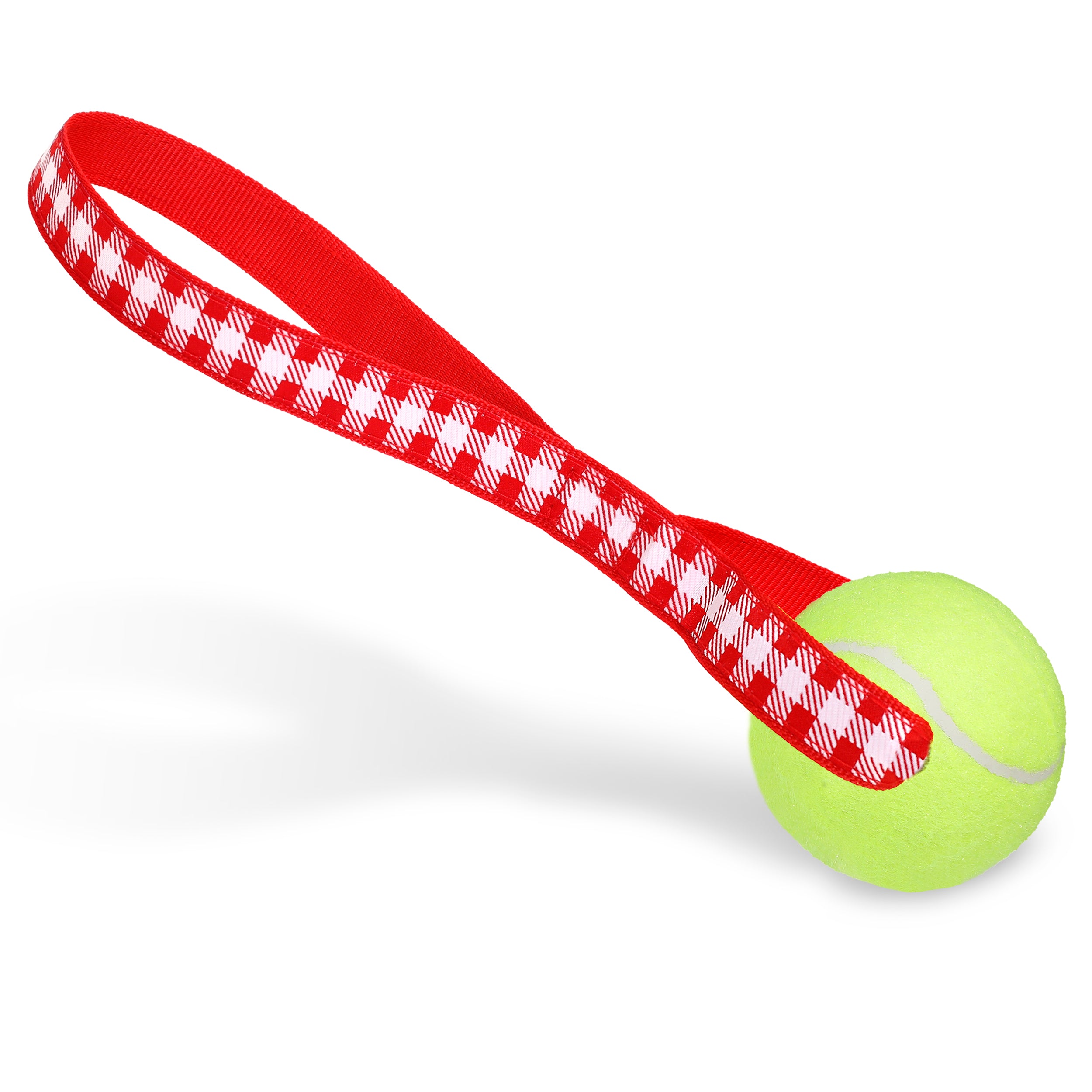 Picnic Plaid (Red) Tennis Ball Toss Toy featuring a durable nylon loop handle and a non-pressurized Tuff Ball, perfect for fetch and tug-of-war.