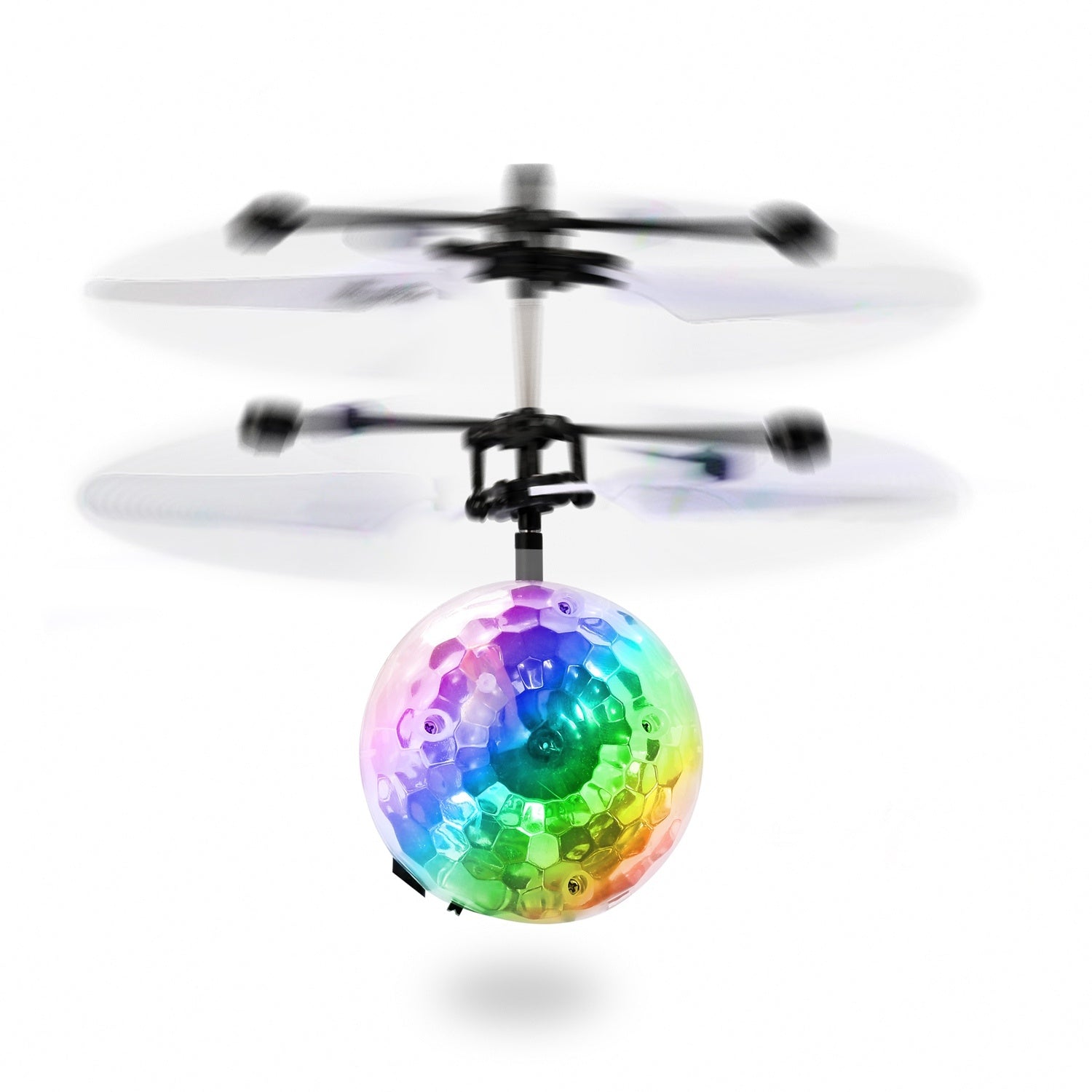 RC Flying Balls Electric Infrared Induction Drone Helicopter Ball LED with colorful lights in mid-air, showcasing its design and features.