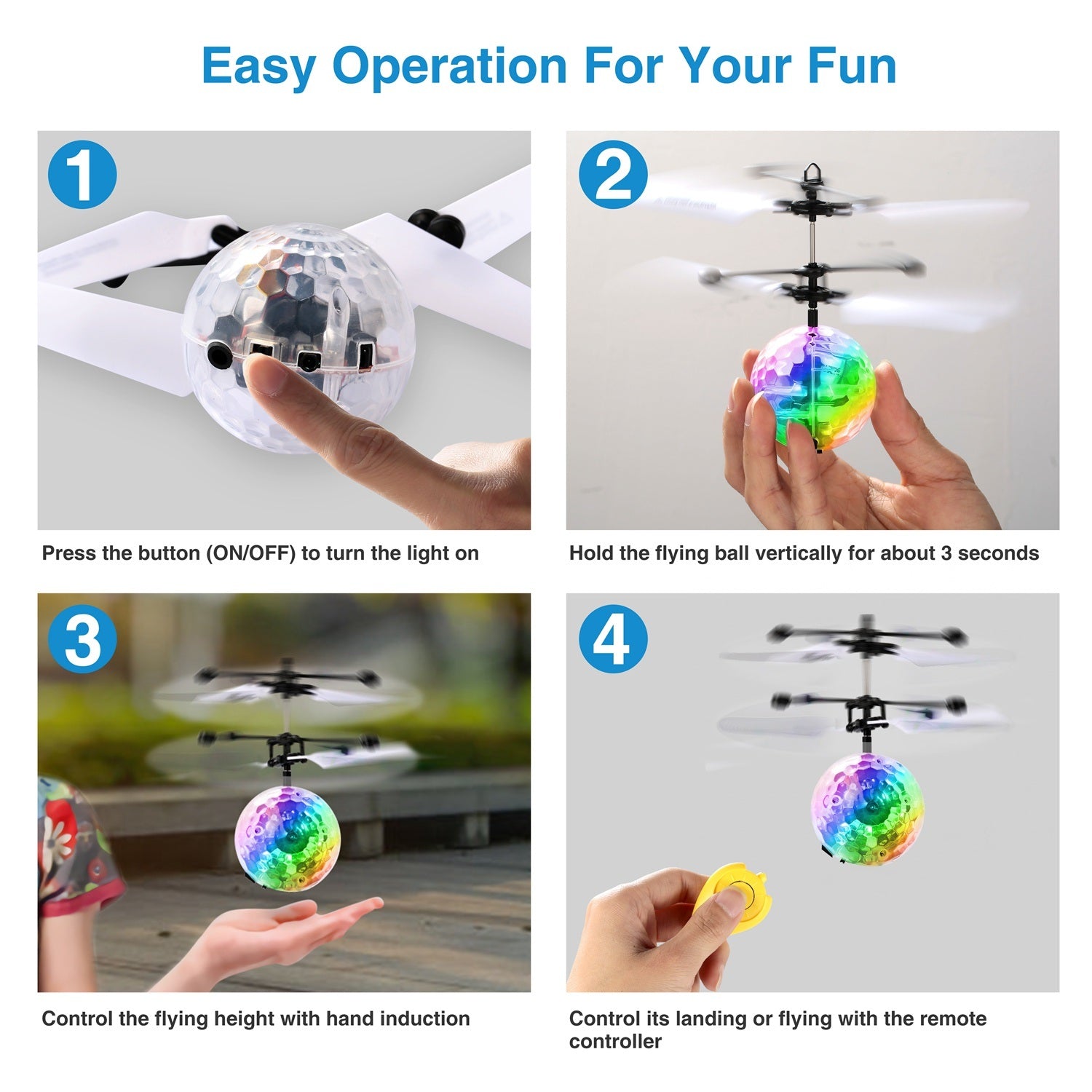 RC Flying Balls Electric Infrared Induction Drone Helicopter Ball LED with colorful lights in mid-air, showcasing its design and features.