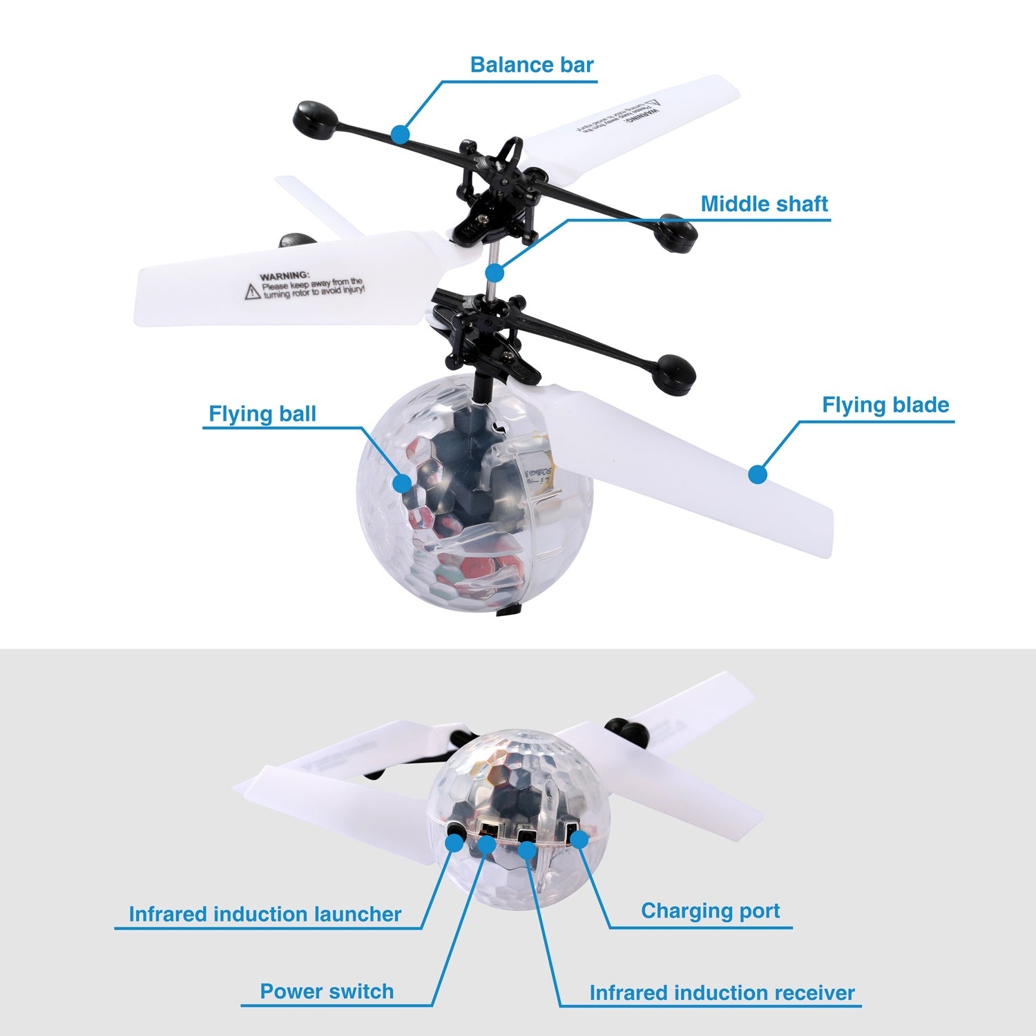 RC Flying Balls Electric Infrared Induction Drone Helicopter Ball LED with colorful lights in mid-air, showcasing its design and features.