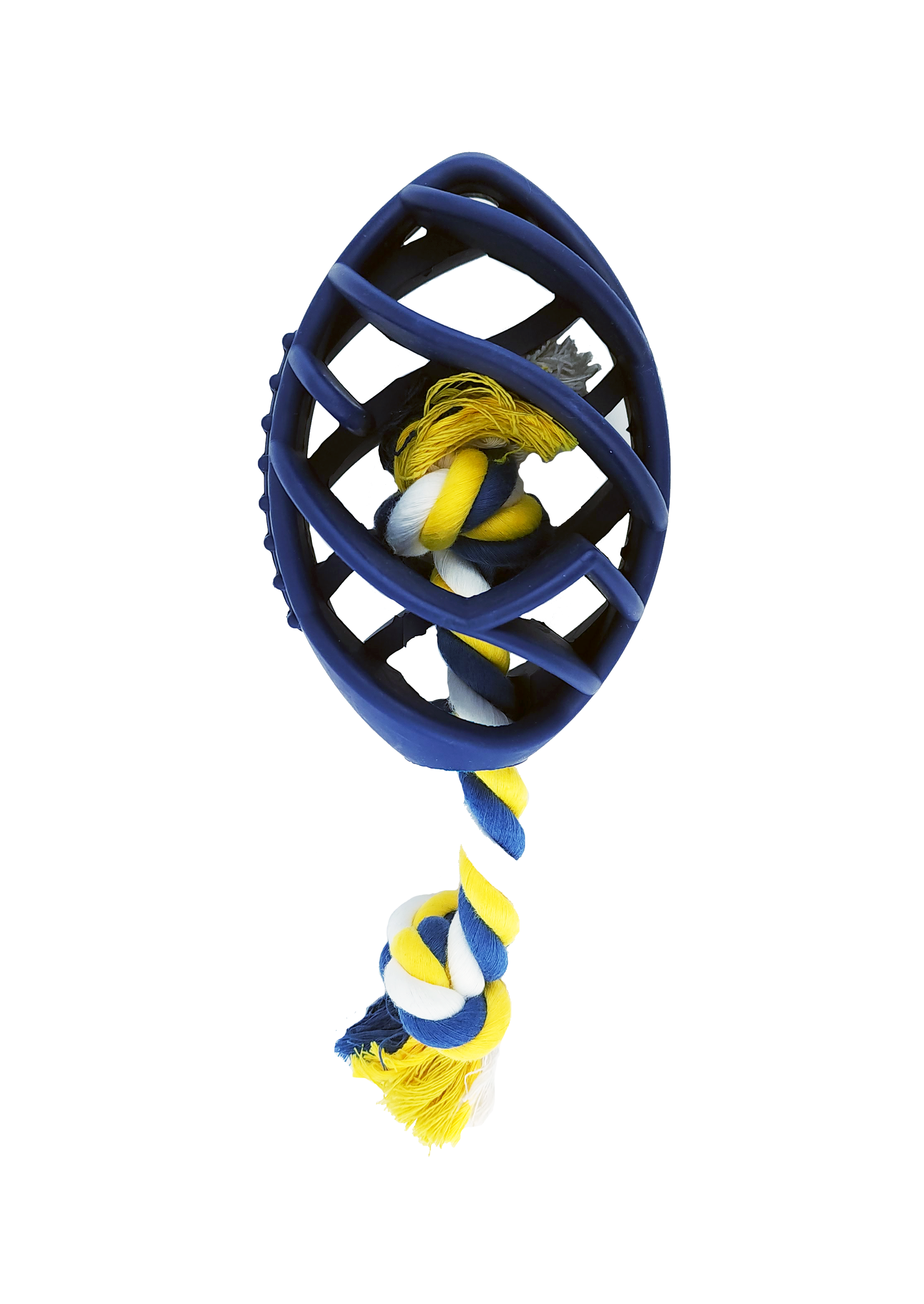 Rubber Football Dog Chew Toy with Tug Rope, featuring a durable rubber body and a sturdy rope for interactive play.