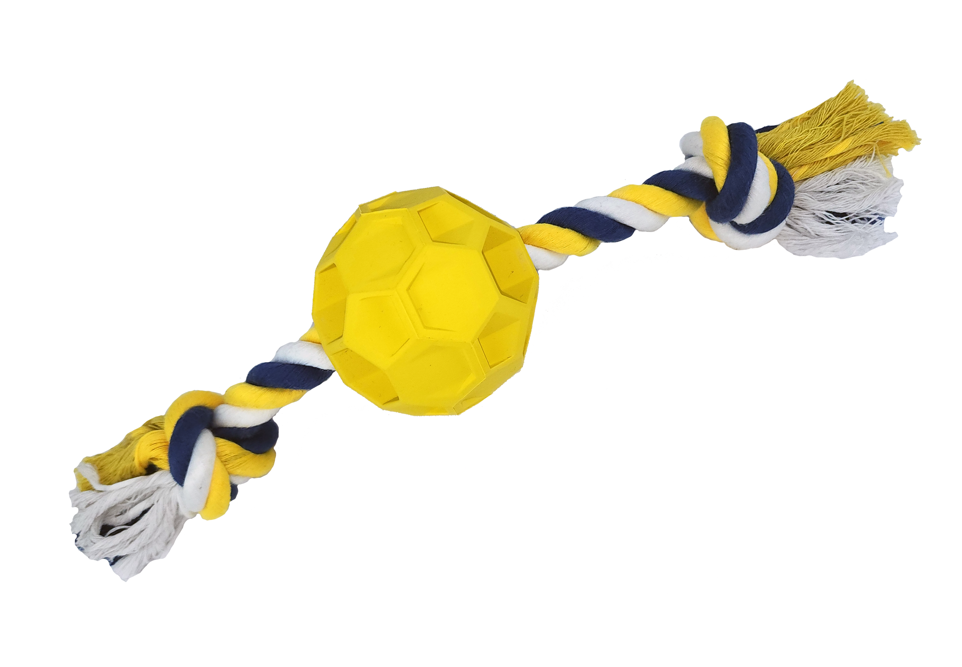 A durable rubber soccer ball chew toy with a sturdy tug rope, designed for active dogs of all sizes, promoting play and dental health.