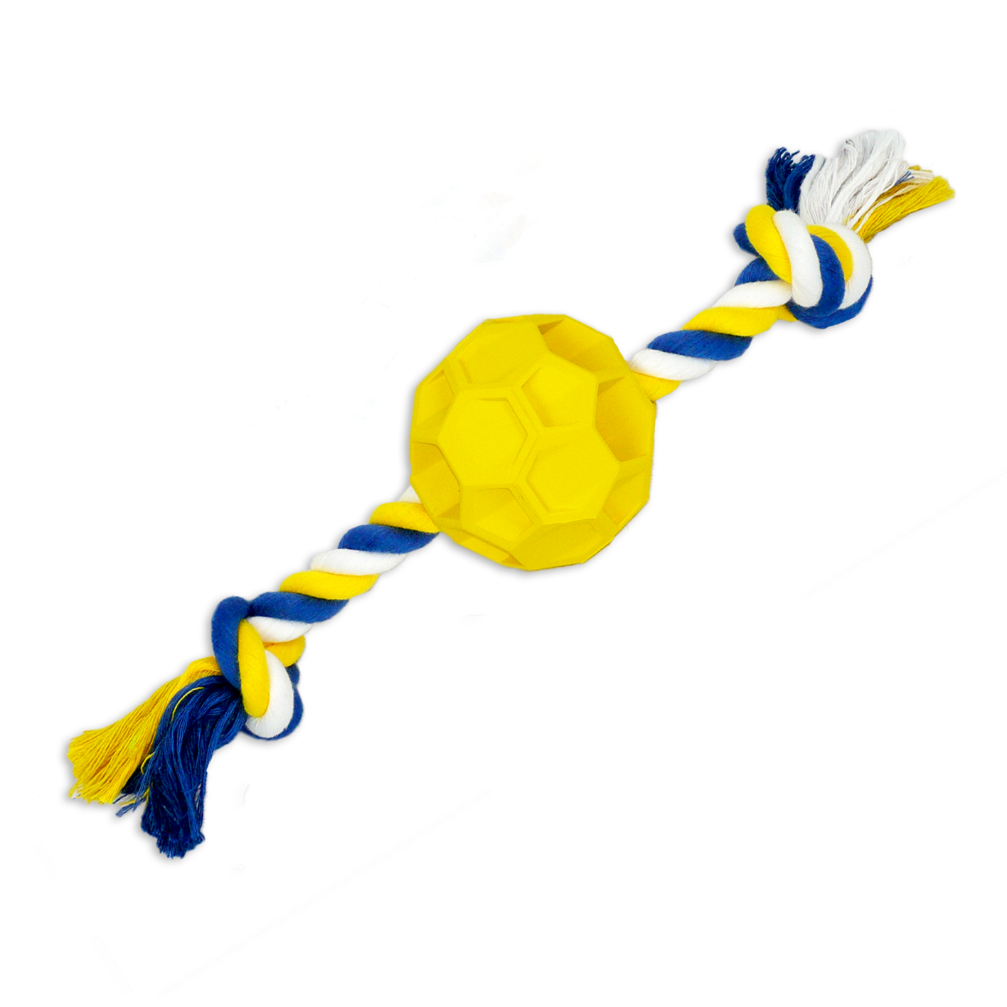 A durable rubber soccer ball chew toy with a sturdy tug rope, designed for active dogs of all sizes, promoting play and dental health.